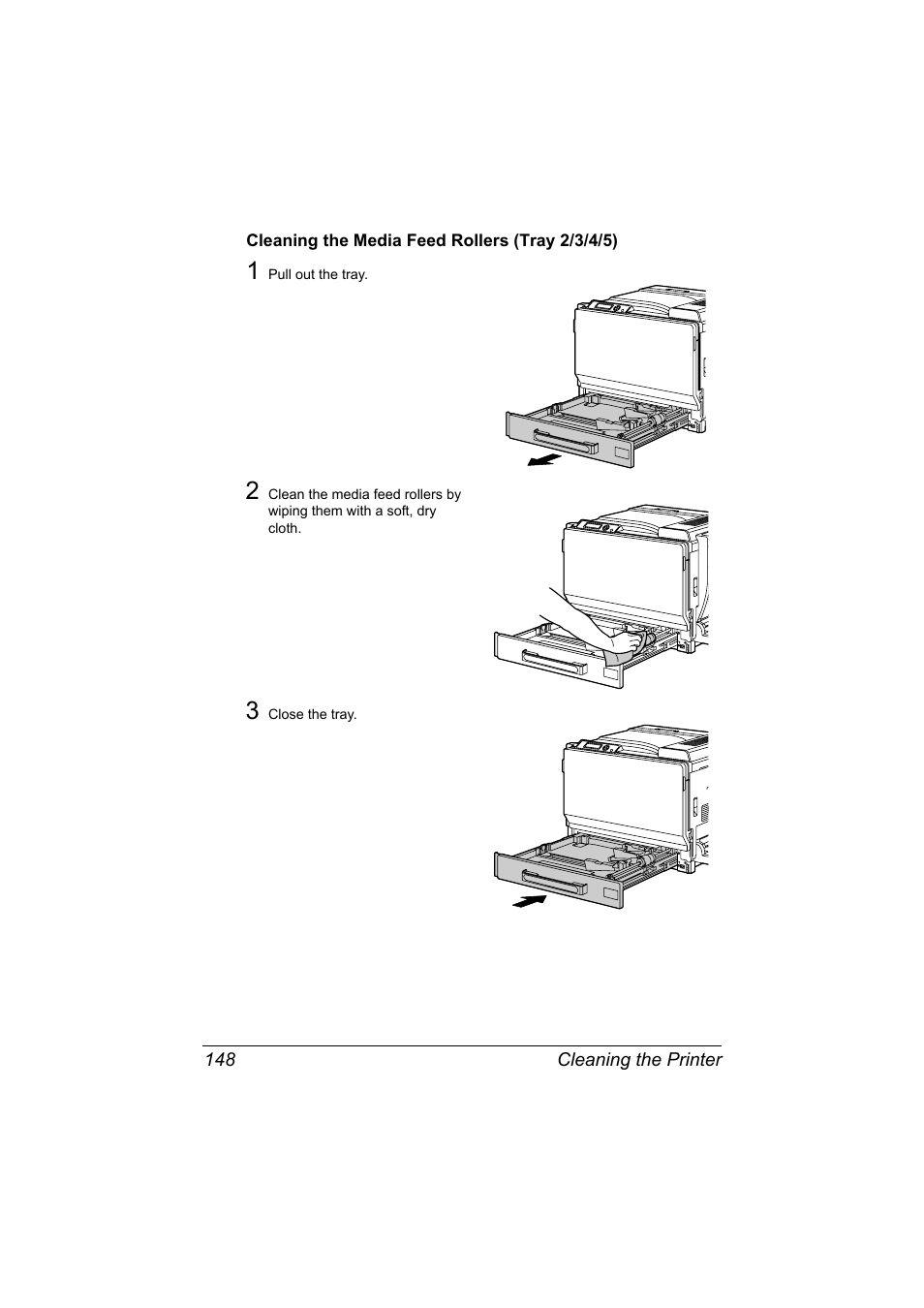 Cleaning the media feed rollers (tray 2/3/4/5), Cleaning the media feed rollers (tray 2/3/4/5) 148 | Konica Minolta magicolor 7450 II grafx User Manual | Page 162 / 252