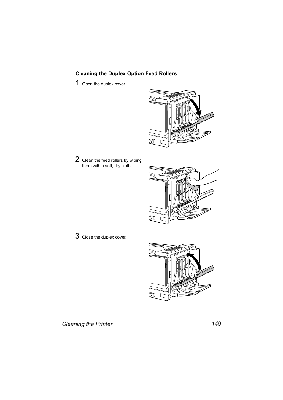 Cleaning the duplex option feed rollers, Cleaning the duplex option feed rollers 149 | Konica Minolta magicolor 7450 II grafx User Manual | Page 163 / 252