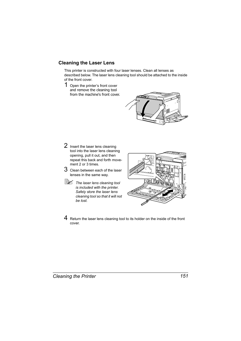 Cleaning the laser lens, Cleaning the laser lens 151 | Konica Minolta magicolor 7450 II grafx User Manual | Page 165 / 252