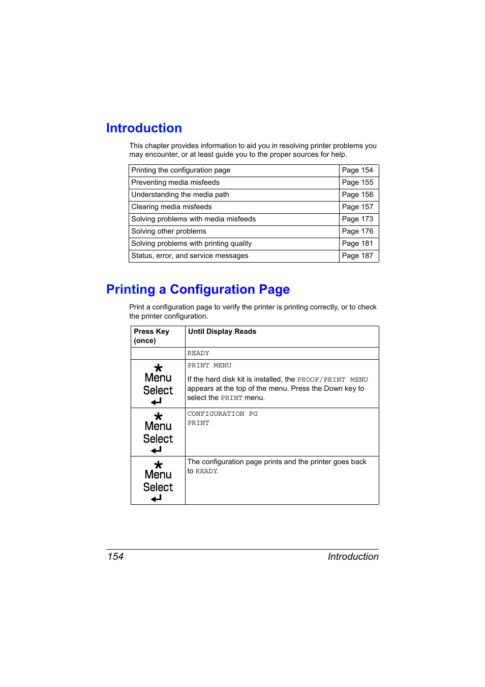 Introduction, Printin g a configuration page, Introduction 154 | Konica Minolta magicolor 7450 II grafx User Manual | Page 168 / 252