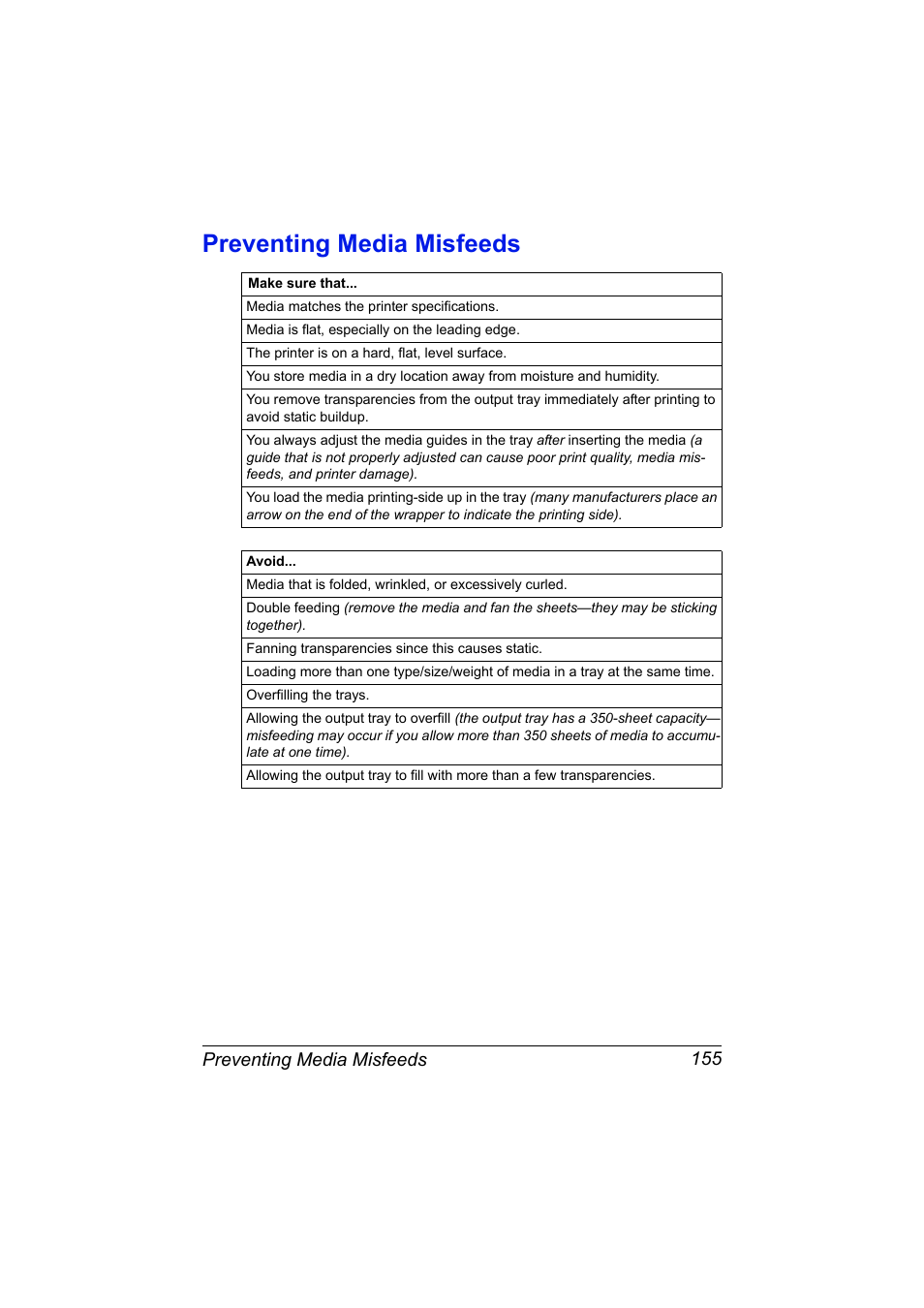 Preventing media misfeeds, Preventing media misfeeds 155 | Konica Minolta magicolor 7450 II grafx User Manual | Page 169 / 252