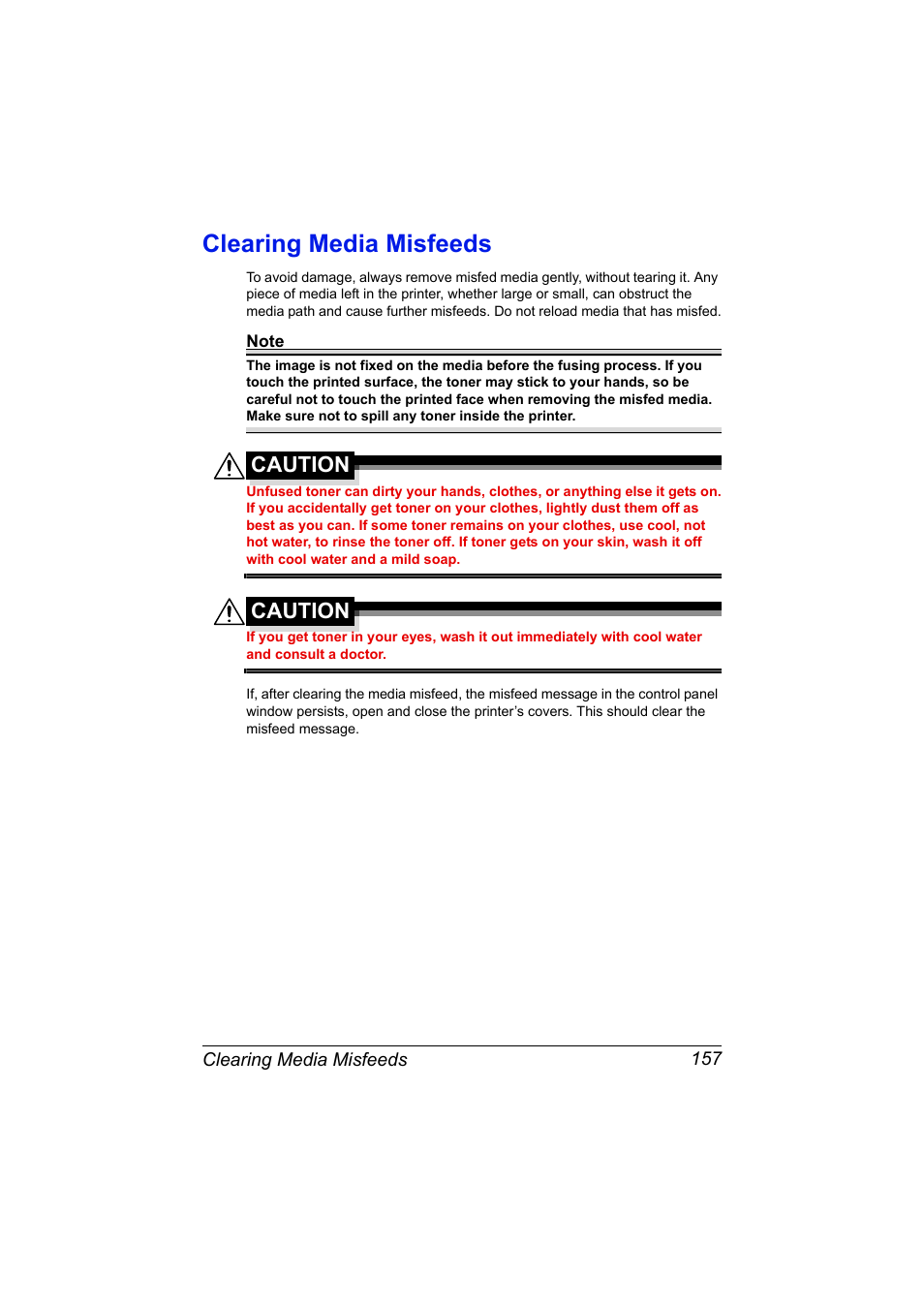 Clearing media misfeeds, Clearing media misfeeds 157, Caution | Konica Minolta magicolor 7450 II grafx User Manual | Page 171 / 252