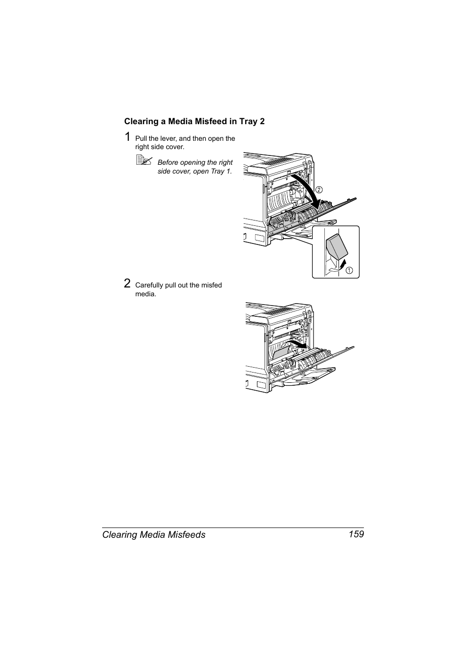 Clearing a media misfeed in tray 2, Clearing a media misfeed in tray 2 159 | Konica Minolta magicolor 7450 II grafx User Manual | Page 173 / 252