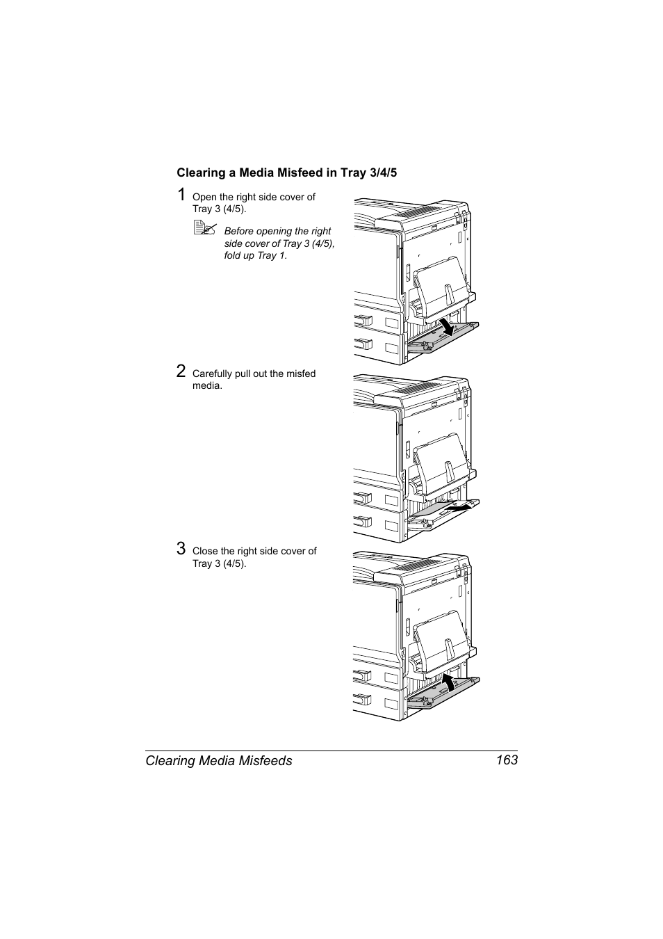 Clearing a media misfeed in tray 3/4/5, Clearing a media misfeed in tray 3/4/5 163 | Konica Minolta magicolor 7450 II grafx User Manual | Page 177 / 252