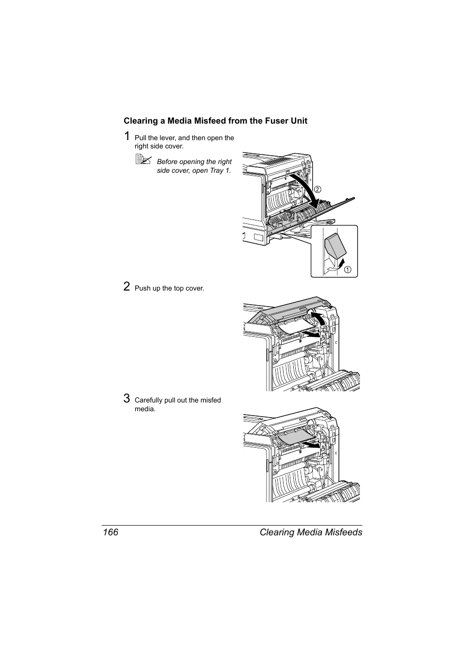 Clearing a media misfeed from the fuser unit, Clearing a media misfeed from the fuser unit 166 | Konica Minolta magicolor 7450 II grafx User Manual | Page 180 / 252