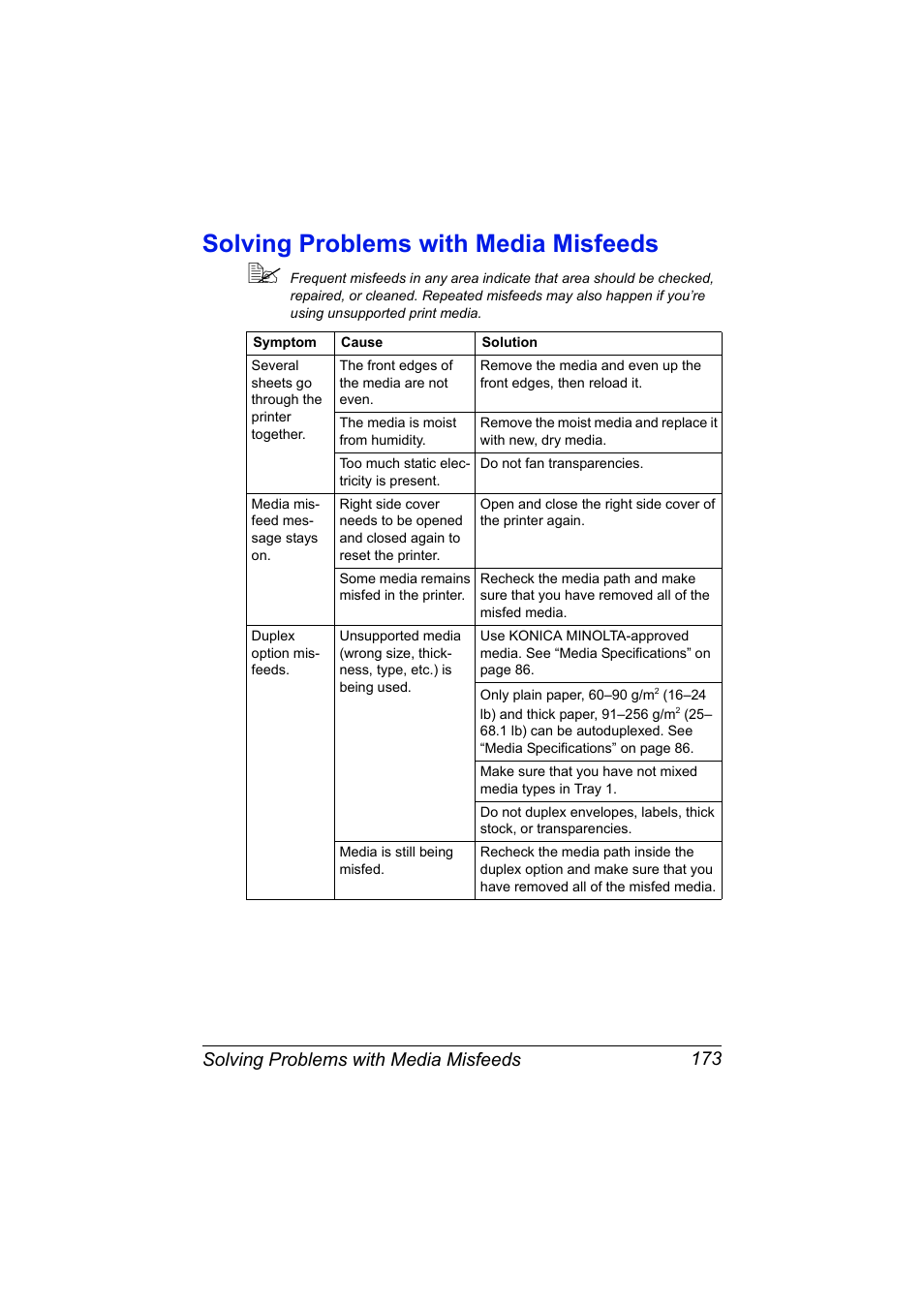 Solving problems with media misfeeds, Solving problems with media misfeeds 173 | Konica Minolta magicolor 7450 II grafx User Manual | Page 187 / 252