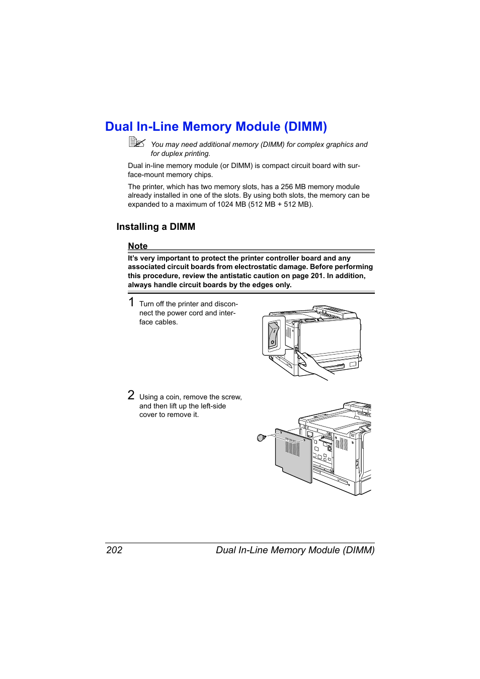 Dual in-line memory module (dimm), Installing a dimm, Dual in-line memory module (dimm) 202 | Installing a dimm 202 | Konica Minolta magicolor 7450 II grafx User Manual | Page 216 / 252