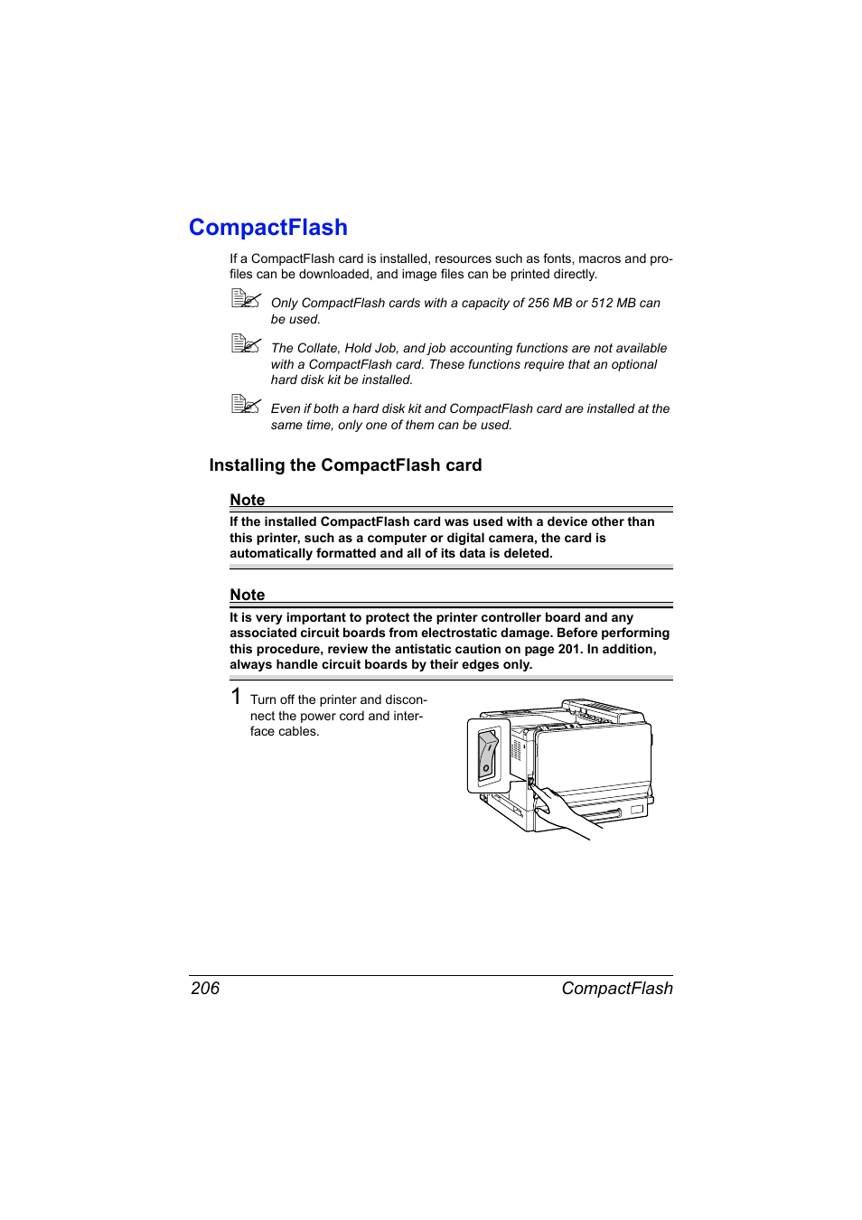 Compactflash, Installing the compactflash card, Compactflash 206 | Konica Minolta magicolor 7450 II grafx User Manual | Page 220 / 252