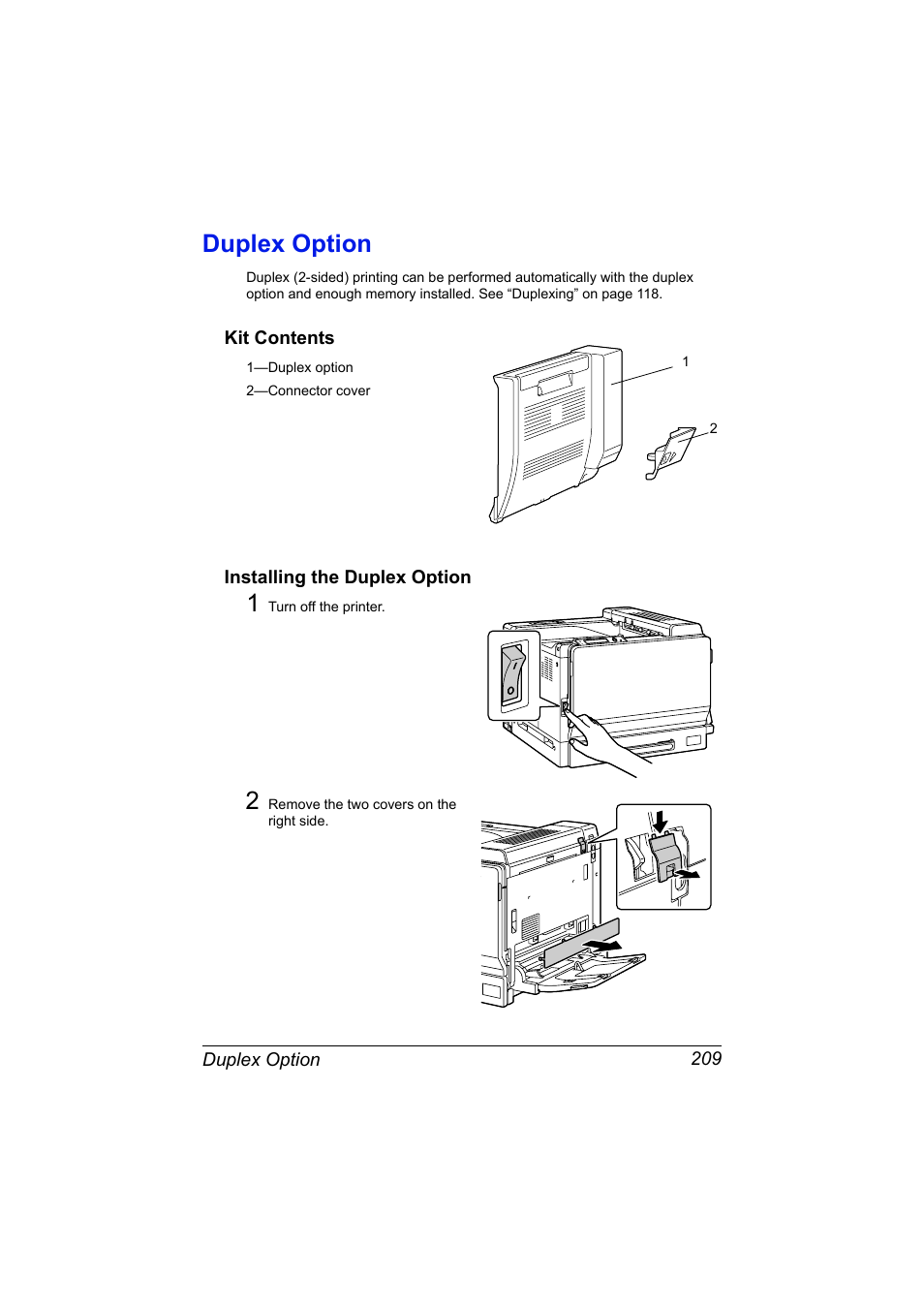 Duplex option, Kit contents, Installing the duplex option | Duplex option 209, Kit contents 209 installing the duplex option 209 | Konica Minolta magicolor 7450 II grafx User Manual | Page 223 / 252