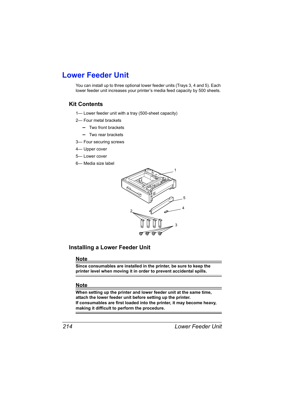 Lower feeder unit, Kit contents, Installing a lower feeder unit | Lower feeder unit 214 | Konica Minolta magicolor 7450 II grafx User Manual | Page 228 / 252