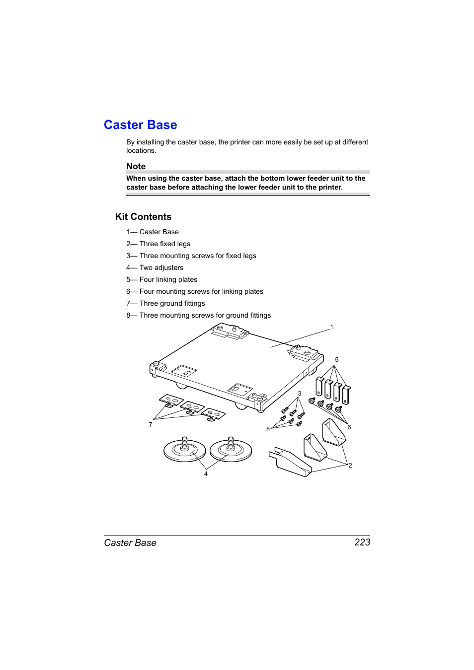 Caster base, Kit contents, Caster base 223 | Kit contents 223 | Konica Minolta magicolor 7450 II grafx User Manual | Page 237 / 252