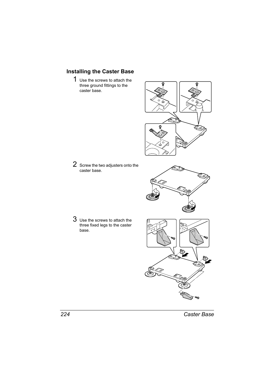 Installing the caster base, Installing the caster base 224 | Konica Minolta magicolor 7450 II grafx User Manual | Page 238 / 252