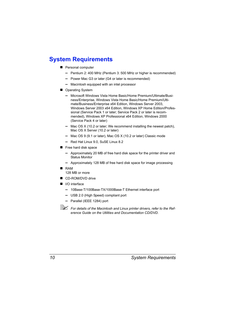 System requirements, System requirements 10 | Konica Minolta magicolor 7450 II grafx User Manual | Page 24 / 252