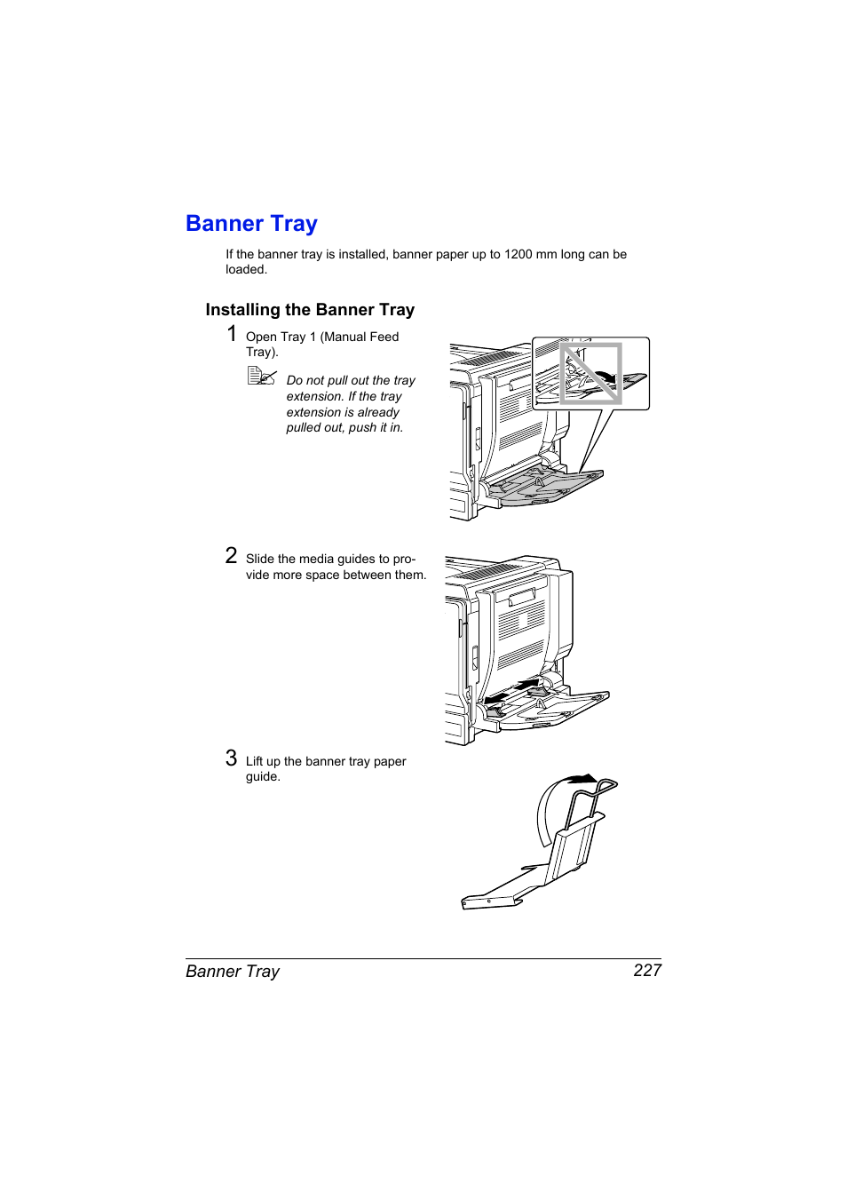 Banner tray, Installing the banner tray, Banner tray 227 | Installing the banner tray 227 | Konica Minolta magicolor 7450 II grafx User Manual | Page 241 / 252