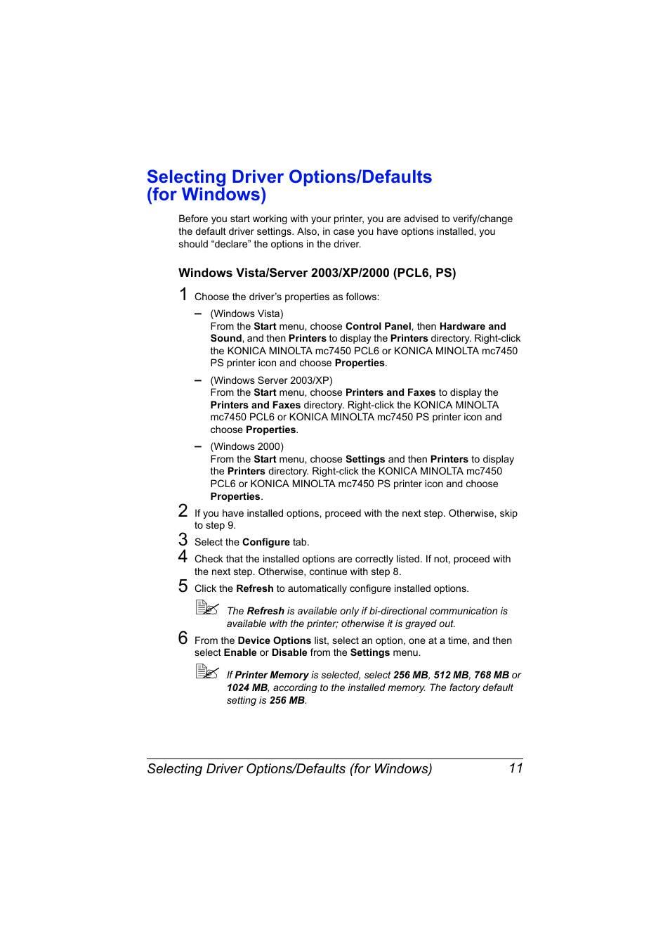 Selecting driver options/defaults (for windows), Windows vista/server 2003/xp/2000 (pcl6, ps), Selecting driver options/defaults (for windows) 11 | Windows vista/server 2003/xp/2000 (pcl6, ps) 11 | Konica Minolta magicolor 7450 II grafx User Manual | Page 25 / 252
