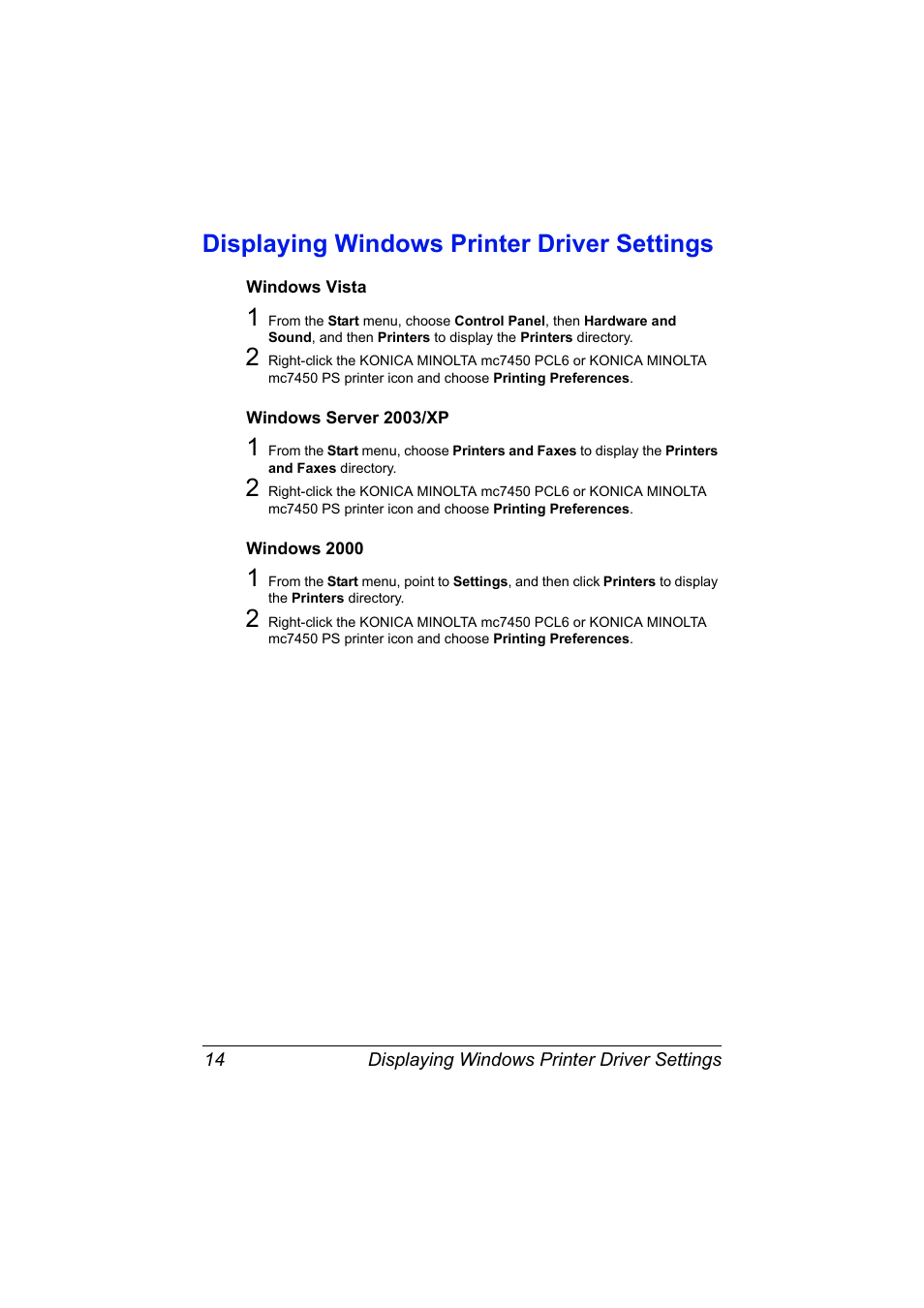 Displaying windows printer driver settings, Windows vista, Windows server 2003/xp | Windows 2000, Displaying windows printer driver settings 14 | Konica Minolta magicolor 7450 II grafx User Manual | Page 28 / 252