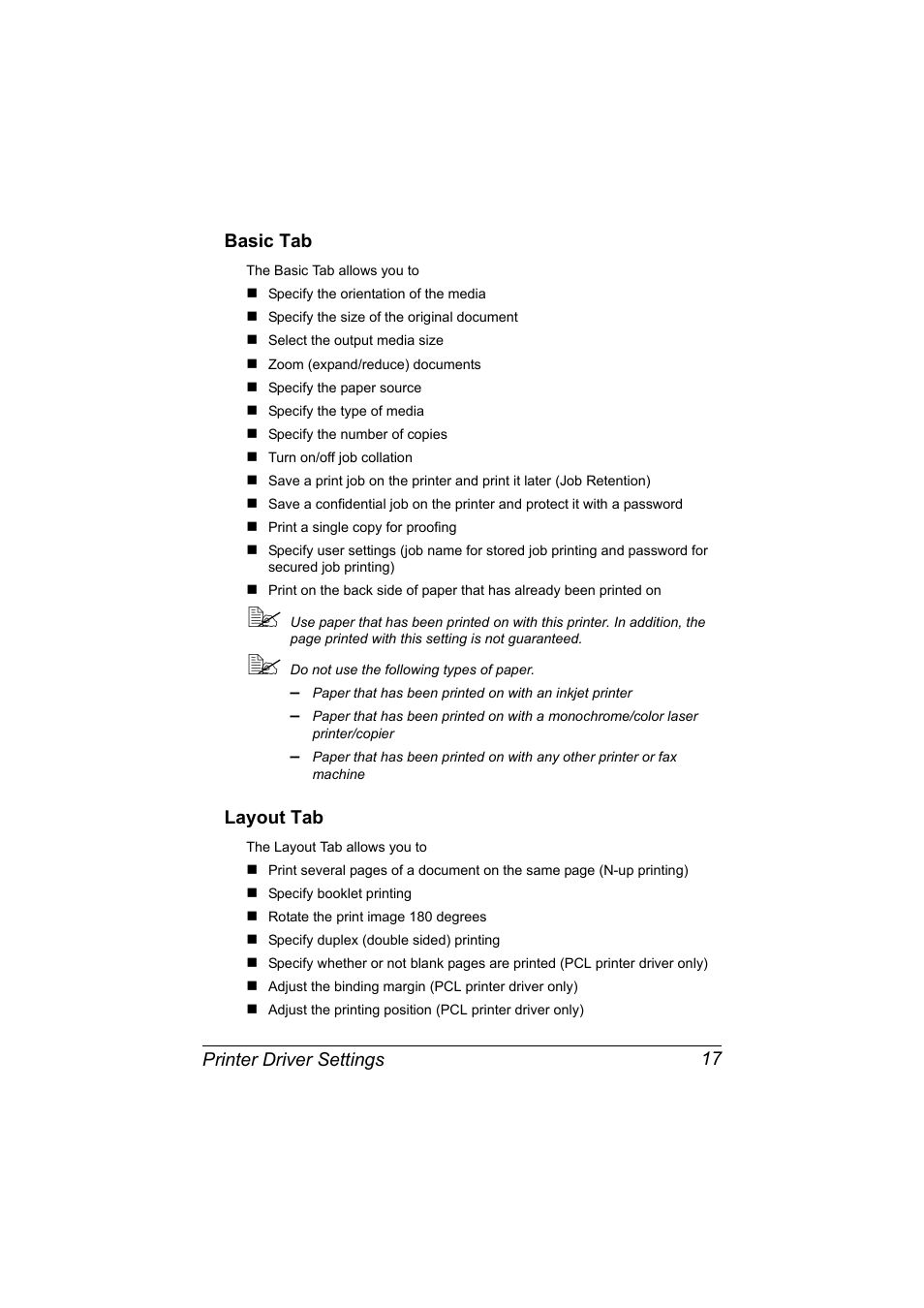 Basic tab, Layout tab, Basic tab 17 layout tab 17 | Printer driver settings 17 basic tab | Konica Minolta magicolor 7450 II grafx User Manual | Page 31 / 252