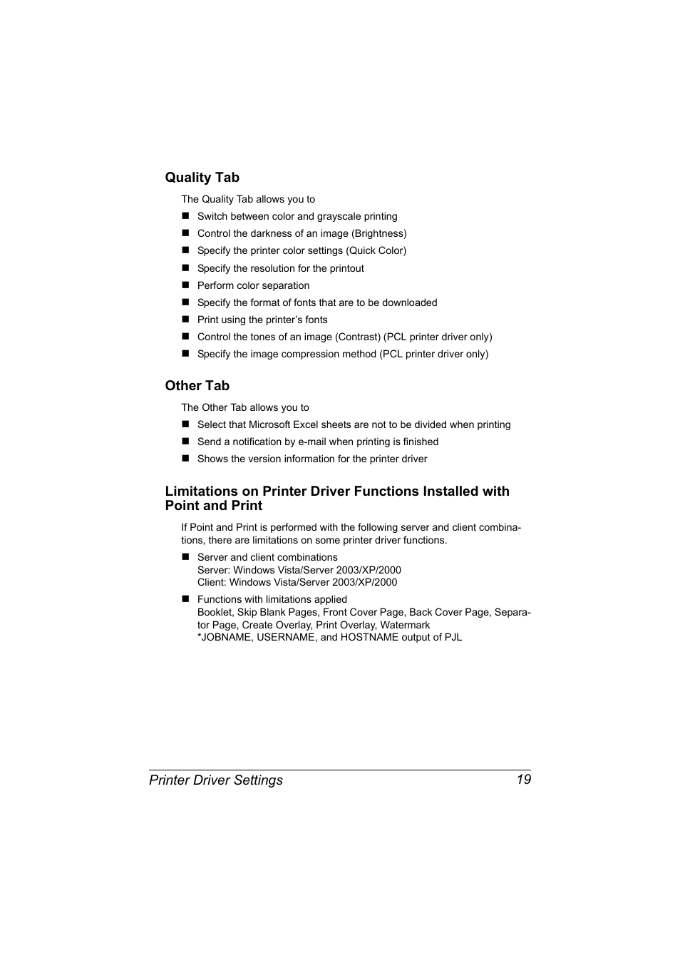 Quality tab, Other tab, Printer driver settings 19 quality tab | Konica Minolta magicolor 7450 II grafx User Manual | Page 33 / 252