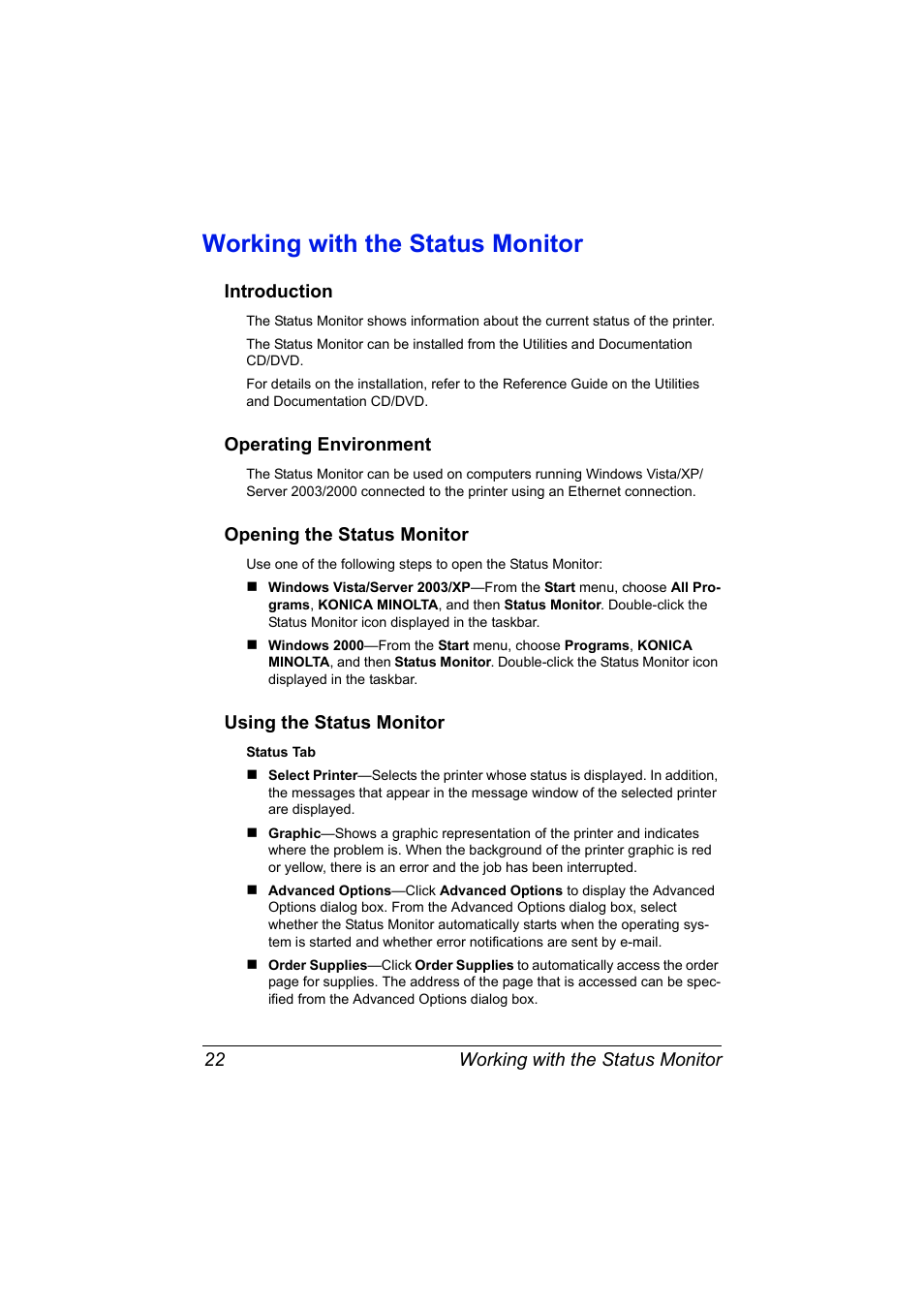 Working with the status monitor, Introduction, Operating environment | Opening the status monitor, Using the status monitor, Working with the status monitor 22 | Konica Minolta magicolor 7450 II grafx User Manual | Page 36 / 252