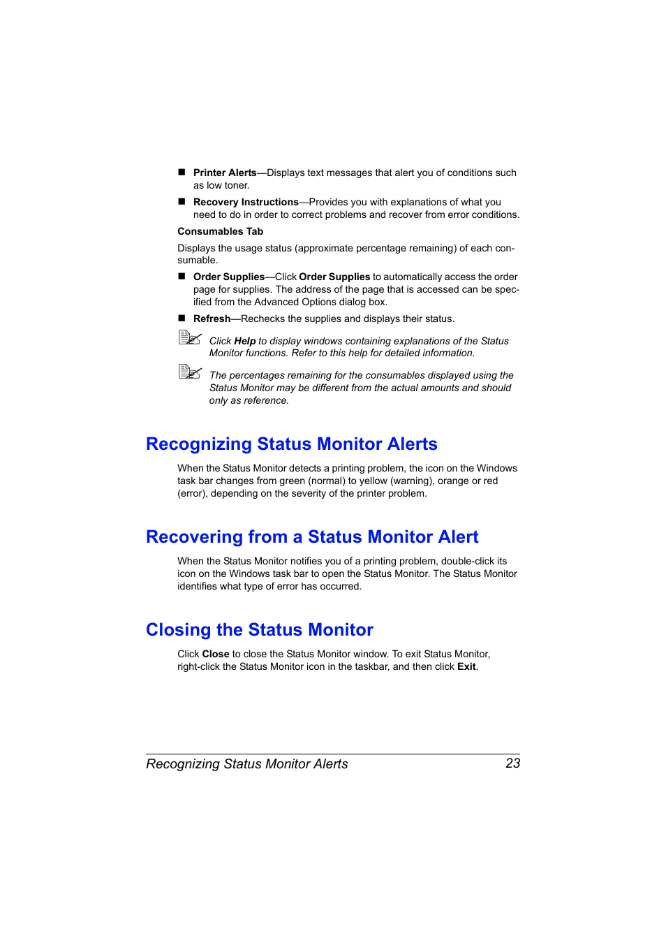 Recognizing status monitor alerts, Recovering from a status monitor alert, Closing the status monitor | Konica Minolta magicolor 7450 II grafx User Manual | Page 37 / 252