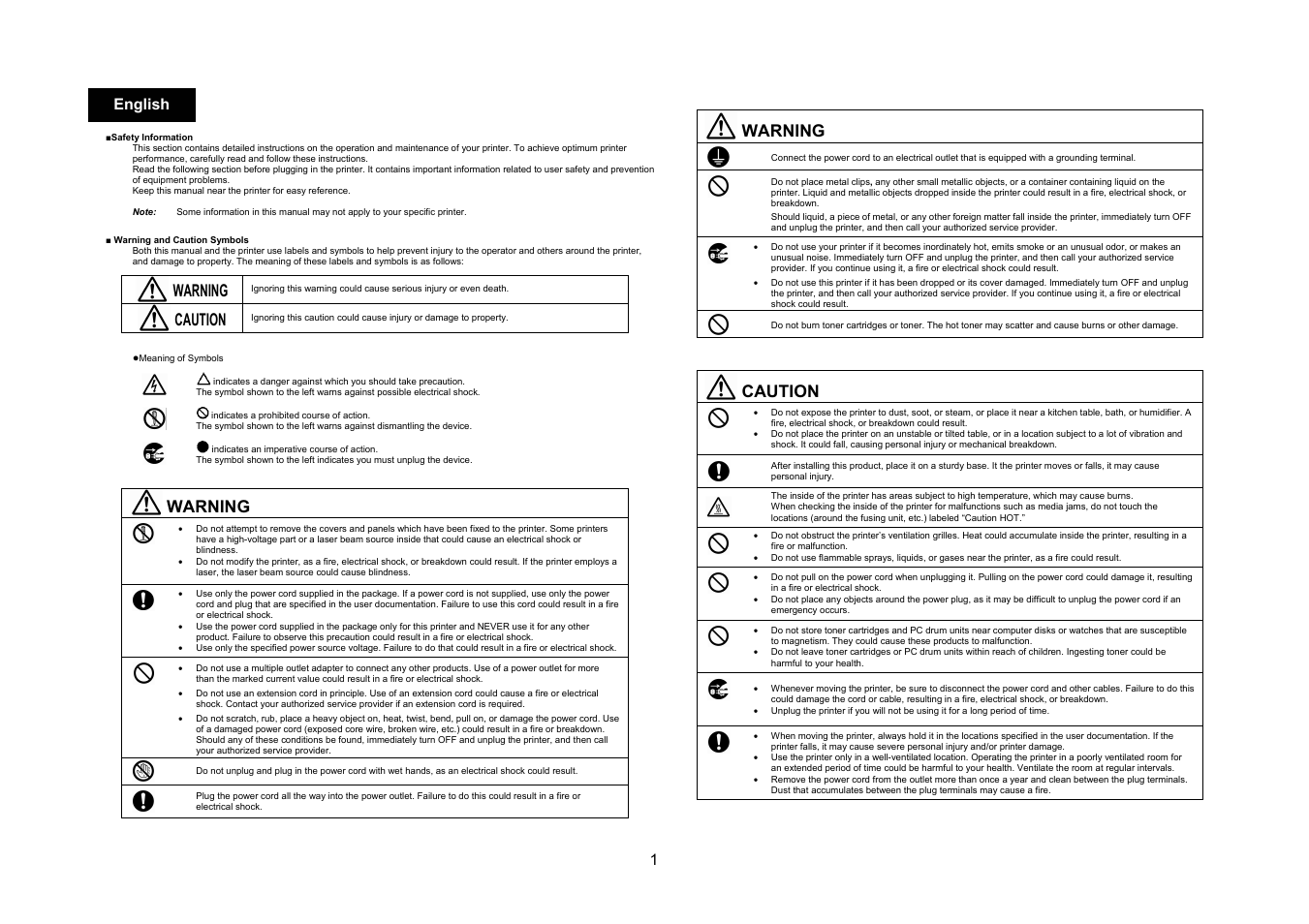 Warning, Caution, 1english | Konica Minolta bizhub C35 User Manual | Page 2 / 49