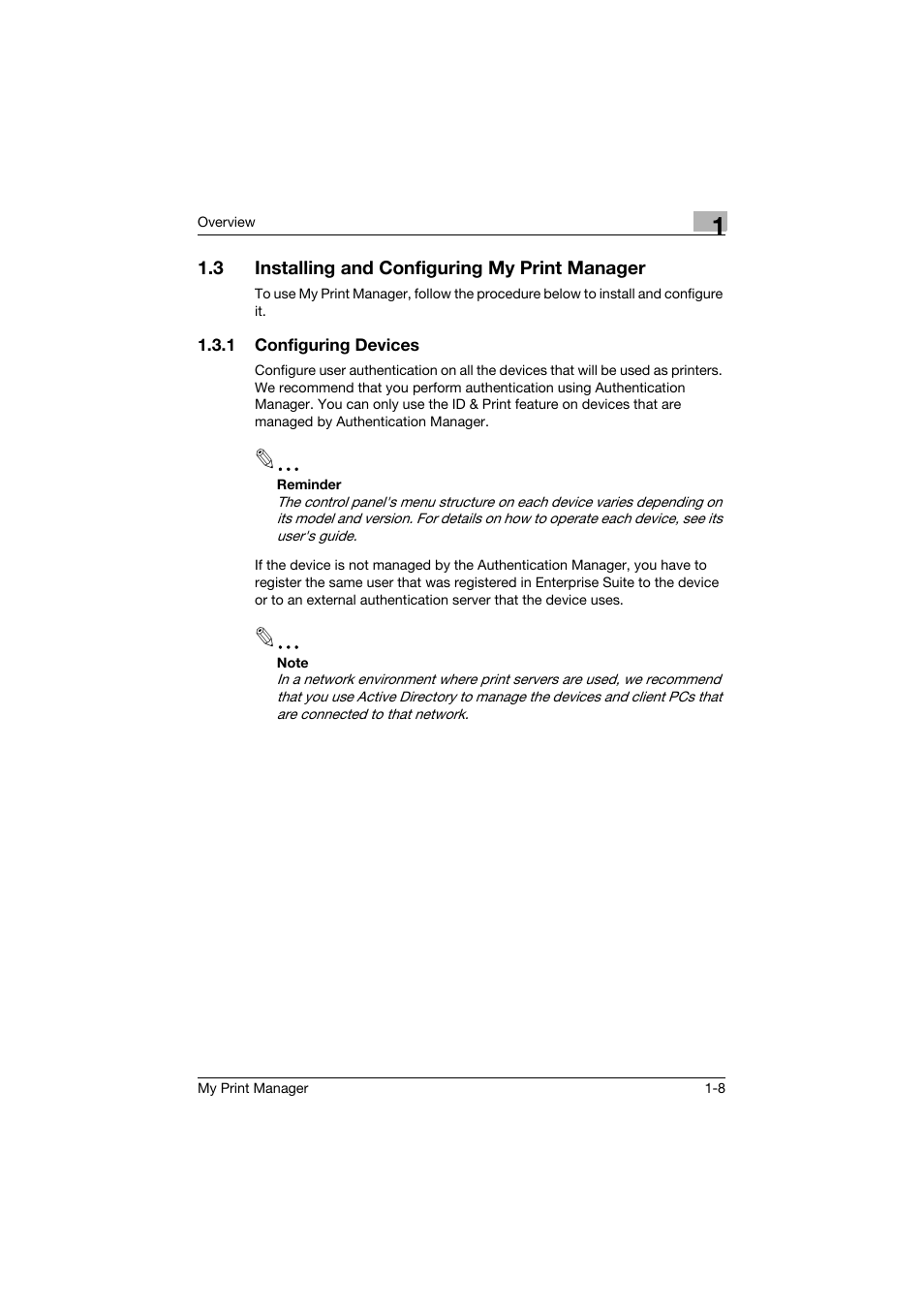 3 installing and configuring my print manager, 1 configuring devices, Installing and configuring my print manager -8 | Configuring devices -8 | Konica Minolta PageScope Enterprise Suite User Manual | Page 14 / 65