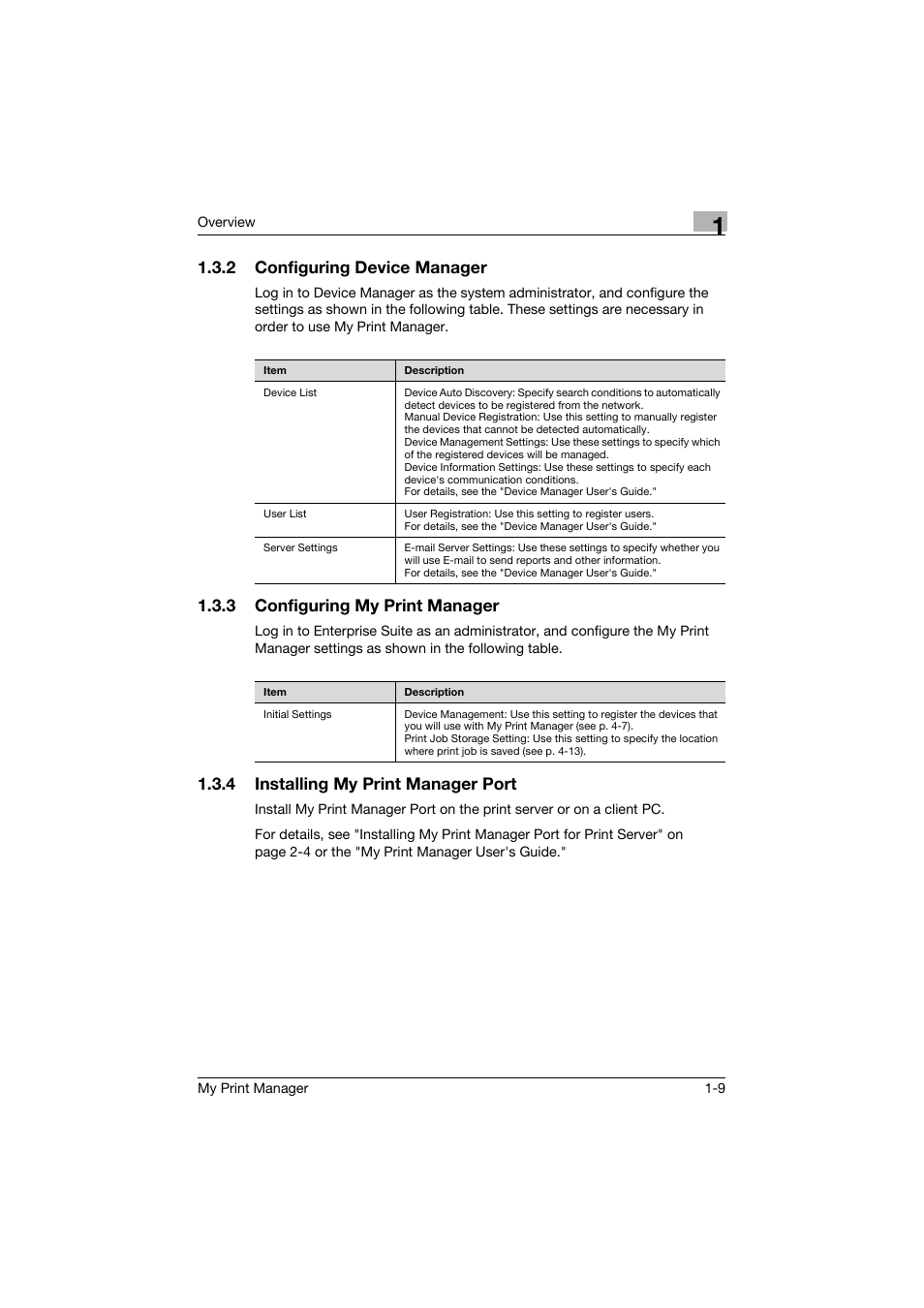 2 configuring device manager, 3 configuring my print manager, 4 installing my print manager port | Configuring device manager -9, Configuring my print manager -9, Installing my print manager port -9 | Konica Minolta PageScope Enterprise Suite User Manual | Page 15 / 65