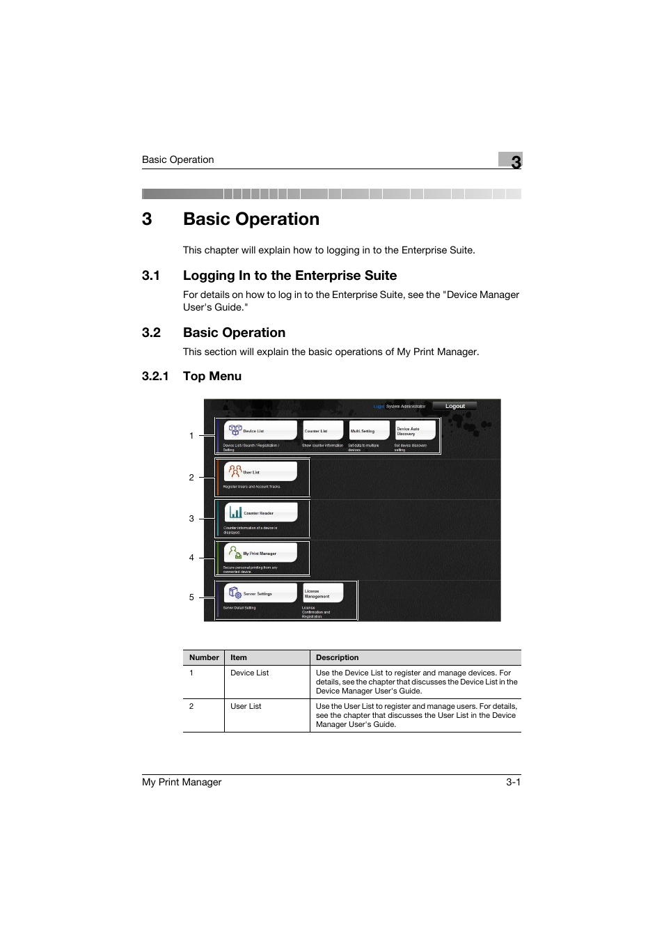 3 basic operation, 1 logging in to the enterprise suite, 2 basic operation | 1 top menu, Basic operation, Logging in to the enterprise suite -1, Basic operation -1, Top menu -1, 3basic operation | Konica Minolta PageScope Enterprise Suite User Manual | Page 28 / 65