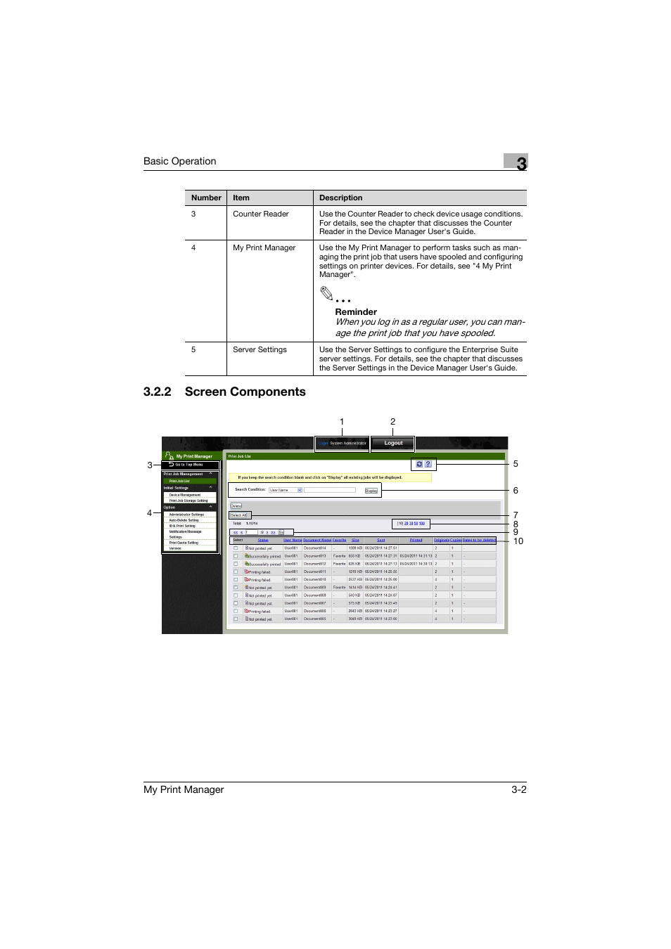 2 screen components, Screen components -2 | Konica Minolta PageScope Enterprise Suite User Manual | Page 29 / 65