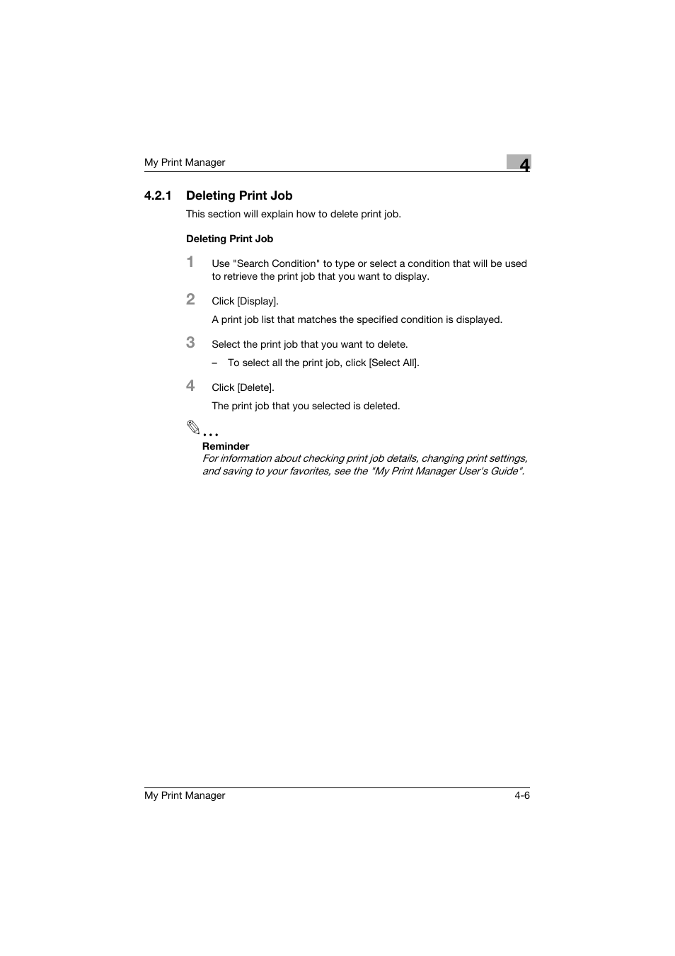 1 deleting print job, Deleting print job, Deleting print job -6 deleting print job -6 | Konica Minolta PageScope Enterprise Suite User Manual | Page 37 / 65