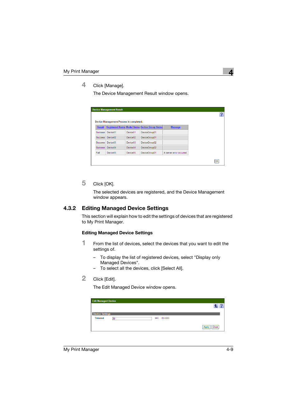 2 editing managed device settings, Editing managed device settings | Konica Minolta PageScope Enterprise Suite User Manual | Page 40 / 65