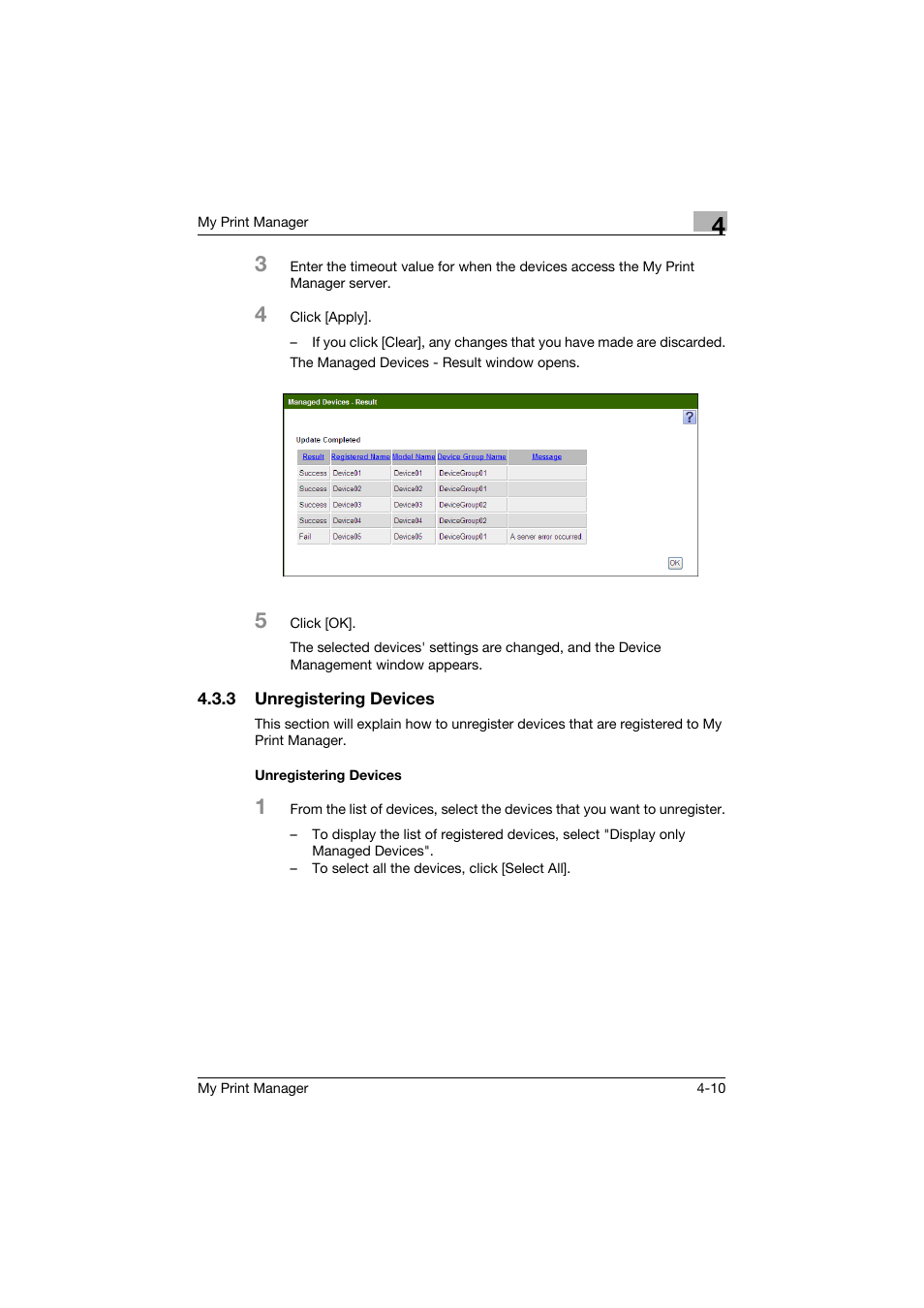 3 unregistering devices, Unregistering devices | Konica Minolta PageScope Enterprise Suite User Manual | Page 41 / 65