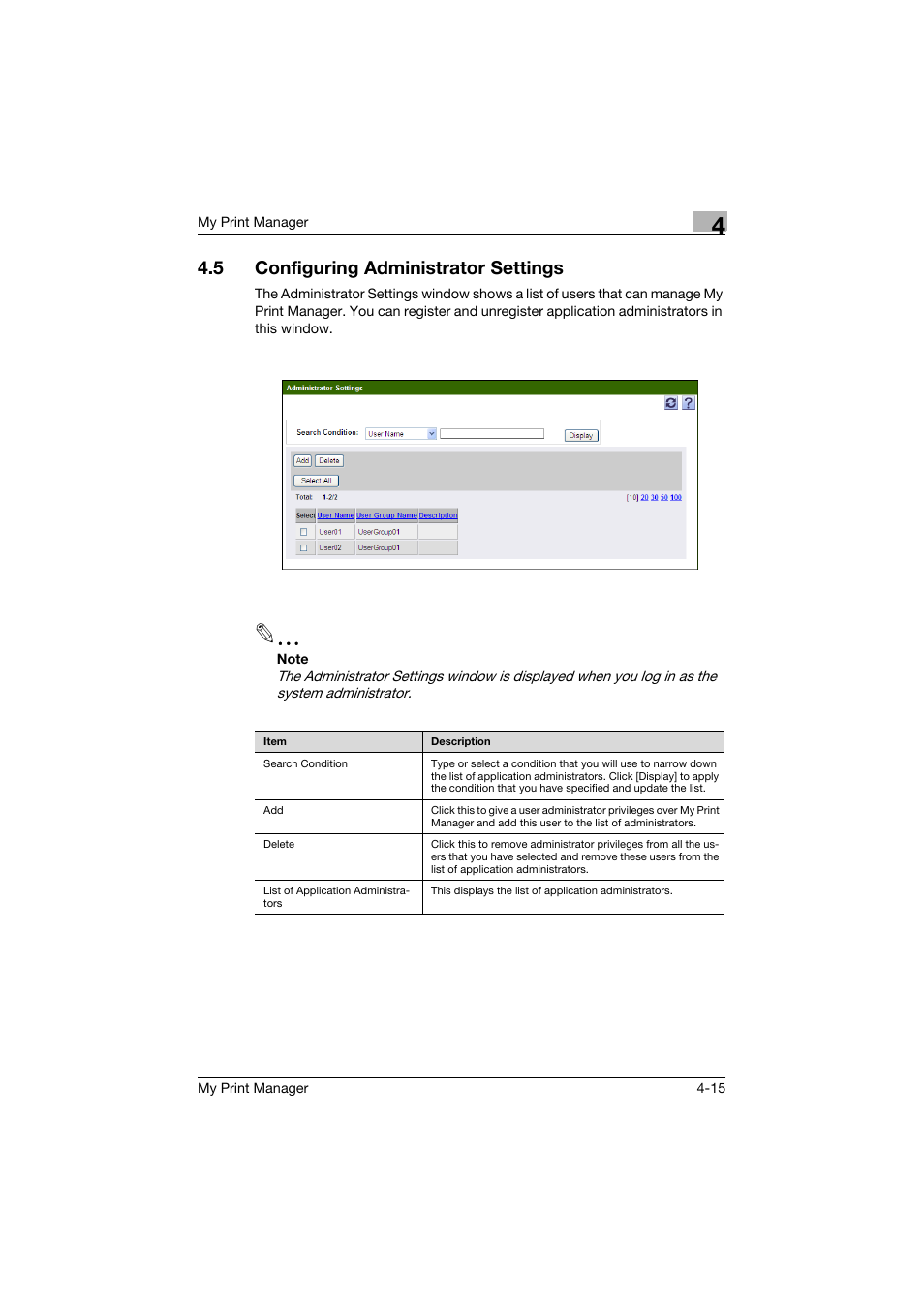 5 configuring administrator settings, Configuring administrator settings -15, P. 4-15 | Konica Minolta PageScope Enterprise Suite User Manual | Page 46 / 65