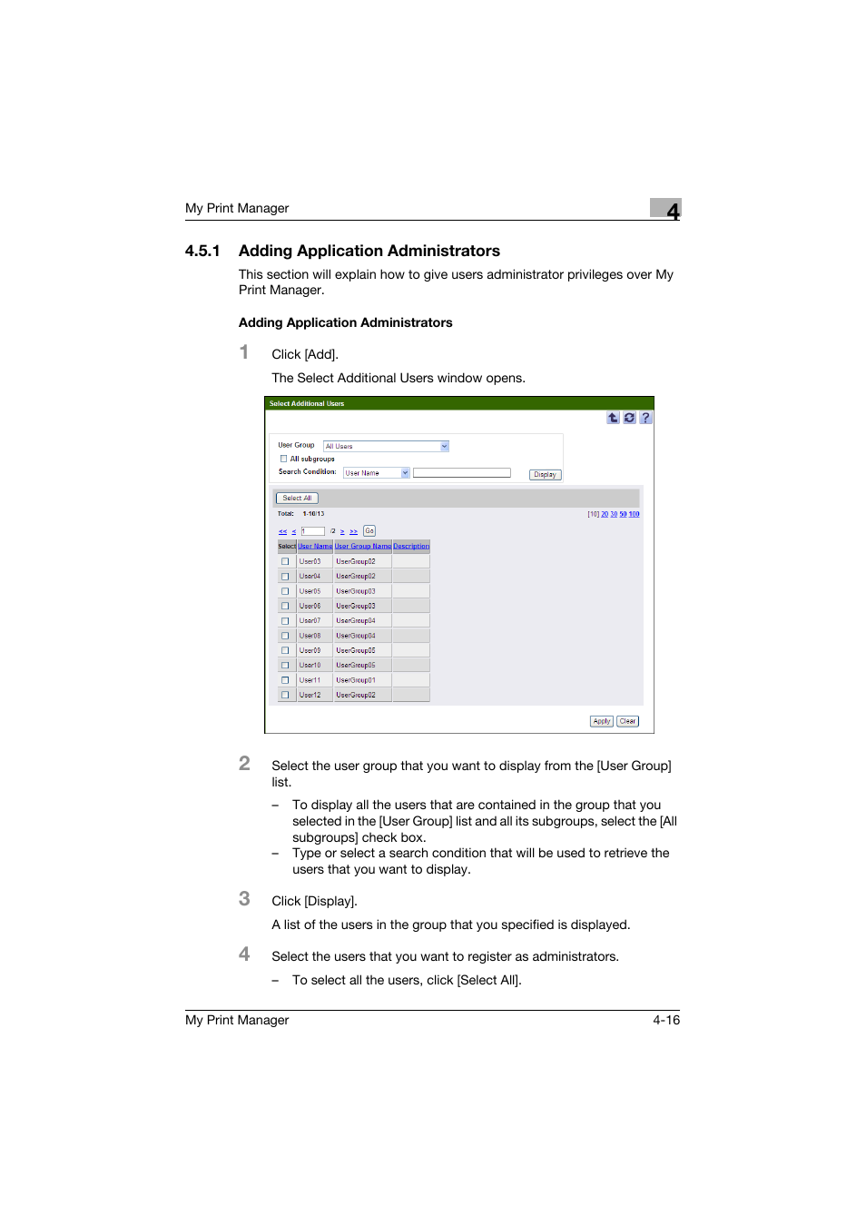 1 adding application administrators, Adding application administrators | Konica Minolta PageScope Enterprise Suite User Manual | Page 47 / 65