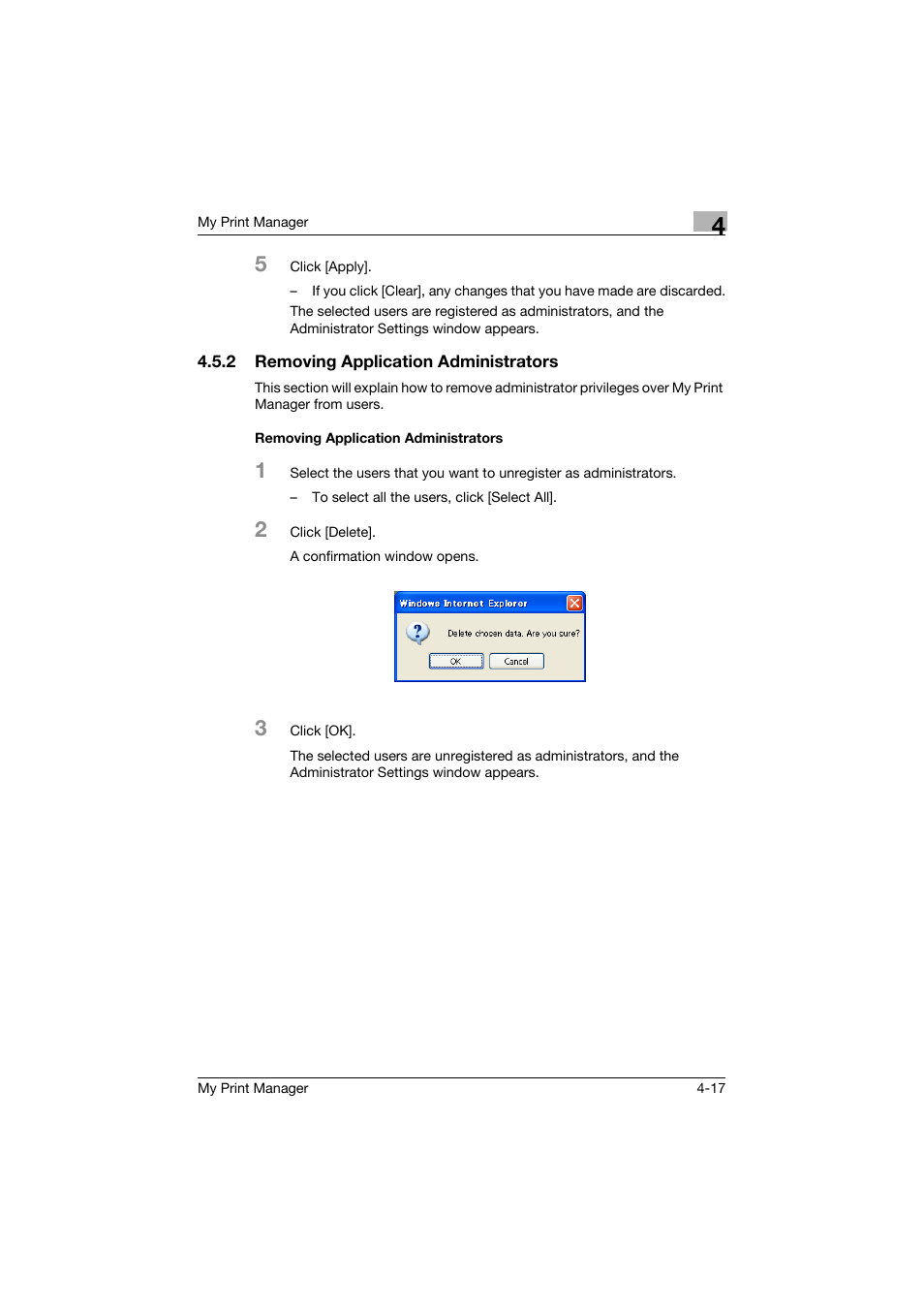 2 removing application administrators, Removing application administrators | Konica Minolta PageScope Enterprise Suite User Manual | Page 48 / 65