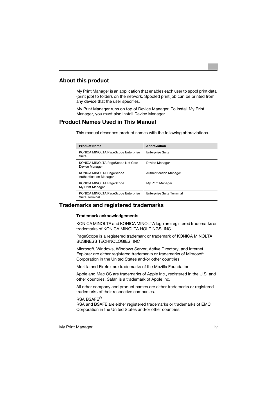 About this product, Product names used in this manual, Trademarks and registered trademarks | Konica Minolta PageScope Enterprise Suite User Manual | Page 5 / 65