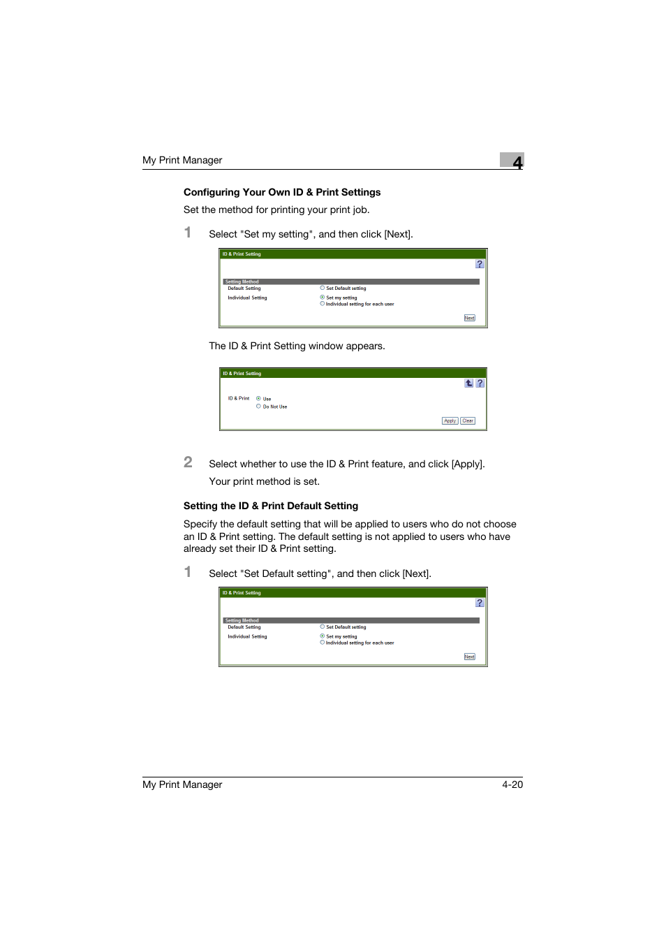 Configuring your own id & print settings, Setting the id & print default setting | Konica Minolta PageScope Enterprise Suite User Manual | Page 51 / 65