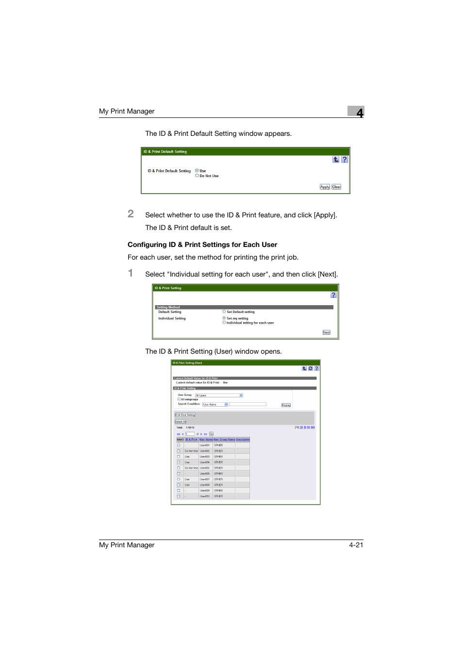 Configuring id & print settings for each user, Configuring id & print settings for each user -21 | Konica Minolta PageScope Enterprise Suite User Manual | Page 52 / 65