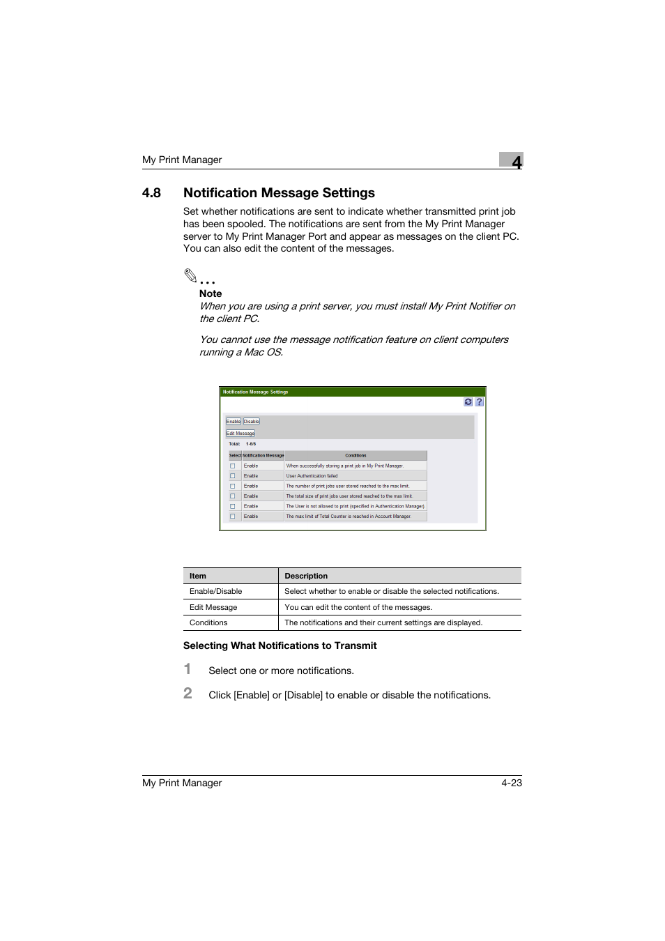 8 notification message settings, Selecting what notifications to transmit, Notification message settings -23 | Selecting what notifications to transmit -23, P. 4-23) | Konica Minolta PageScope Enterprise Suite User Manual | Page 54 / 65