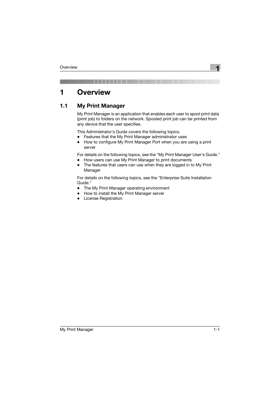 1 overview, 1 my print manager, Overview | My print manager -1, 1overview | Konica Minolta PageScope Enterprise Suite User Manual | Page 7 / 65