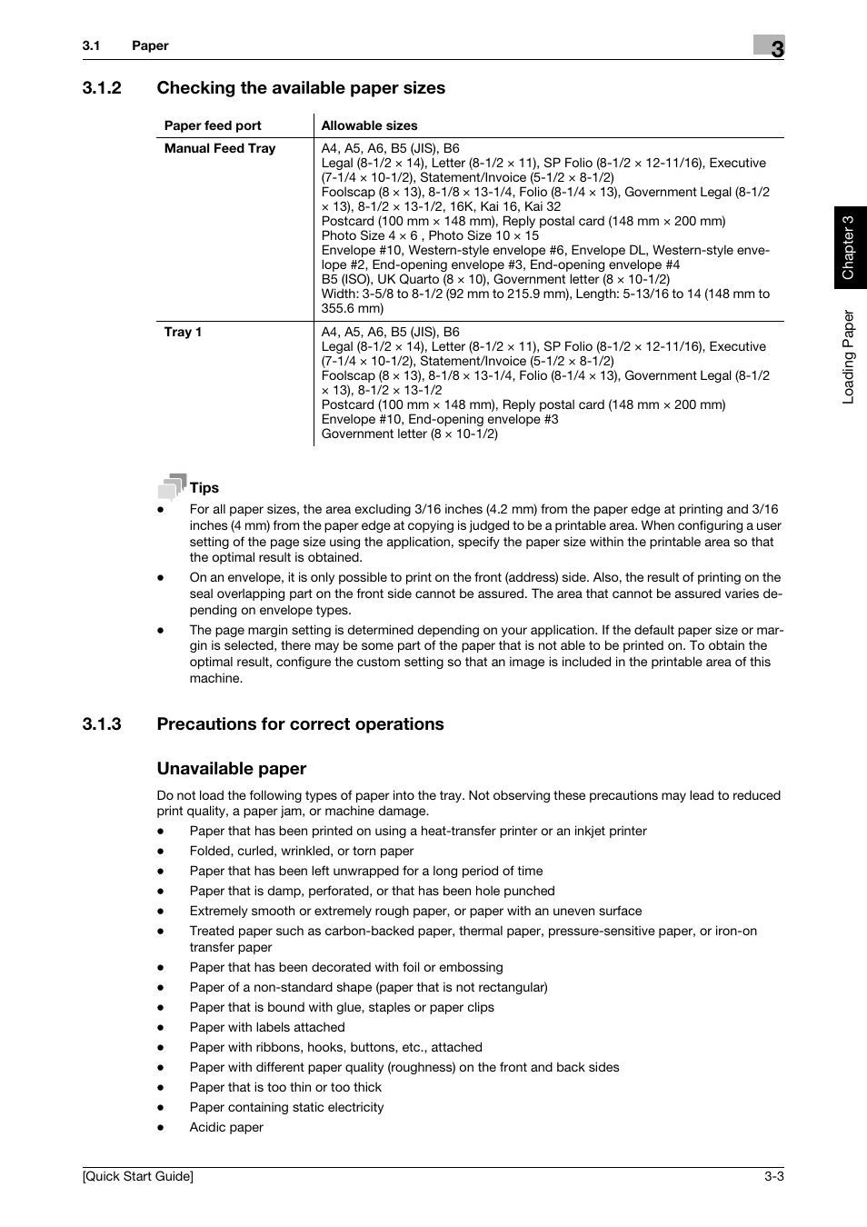 2 checking the available paper sizes, 3 precautions for correct operations, Unavailable paper | Checking the available paper sizes -3 | Konica Minolta bizhub C3350 User Manual | Page 26 / 64