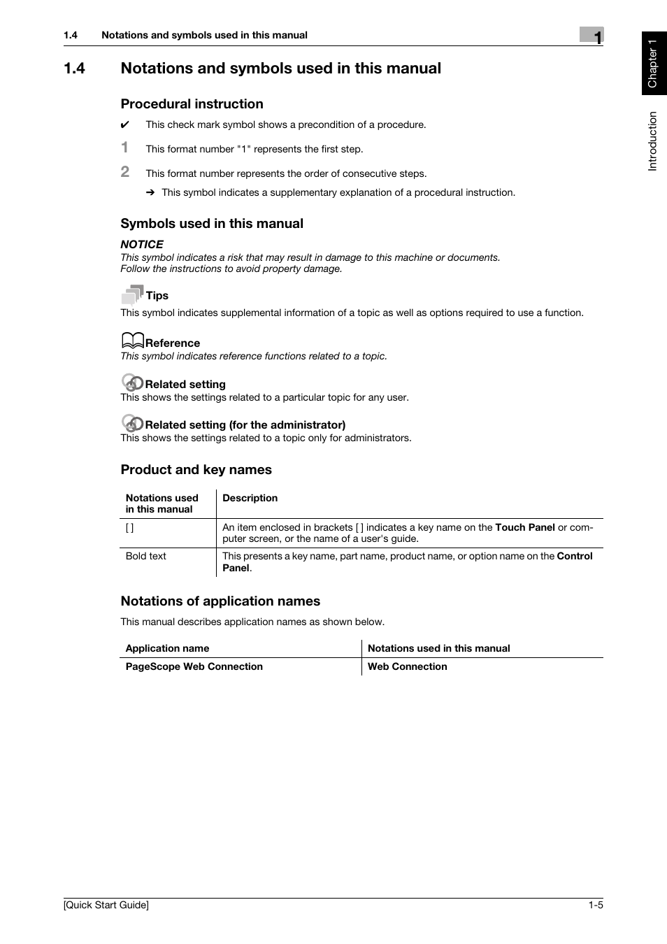 4 notations and symbols used in this manual, Procedural instruction, Symbols used in this manual | Product and key names, Notations of application names | Konica Minolta bizhub C3350 User Manual | Page 8 / 64