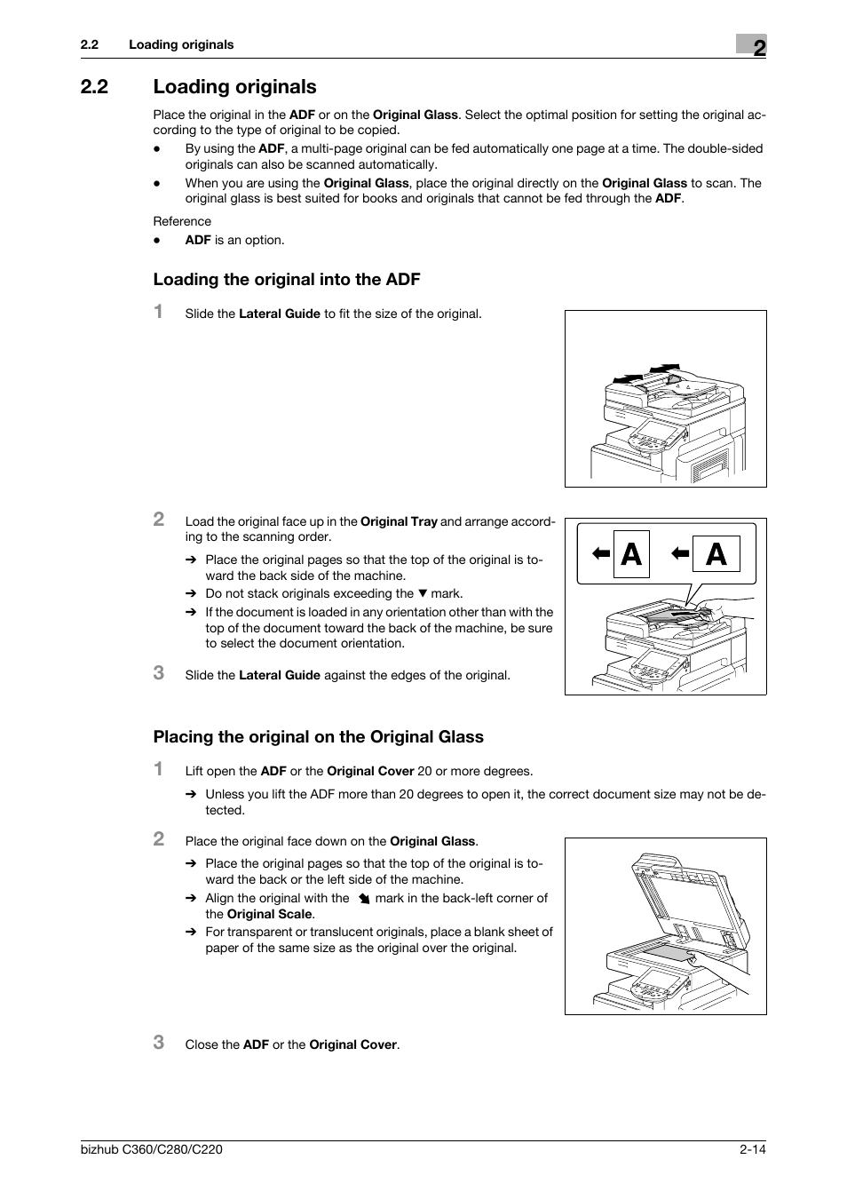 2 loading originals, Loading the original into the adf, Placing the original on the original glass | Konica Minolta BIZHUB C360 User Manual | Page 22 / 63