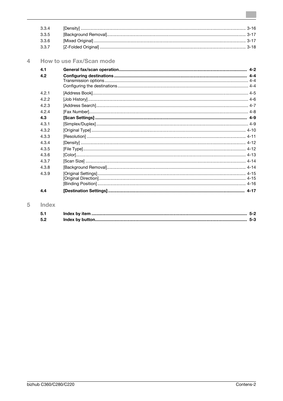 4how to use fax/scan mode, 5index | Konica Minolta BIZHUB C360 User Manual | Page 3 / 63