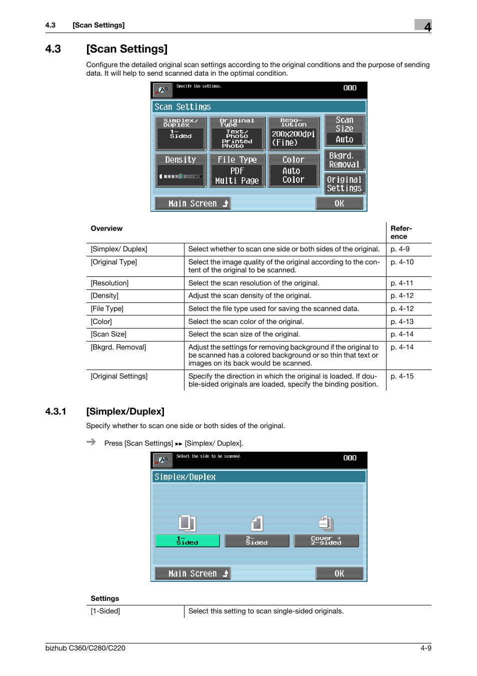 3 [scan settings, 1 [simplex/duplex, Scan settings] -9 | Simplex/duplex] -9 | Konica Minolta BIZHUB C360 User Manual | Page 50 / 63