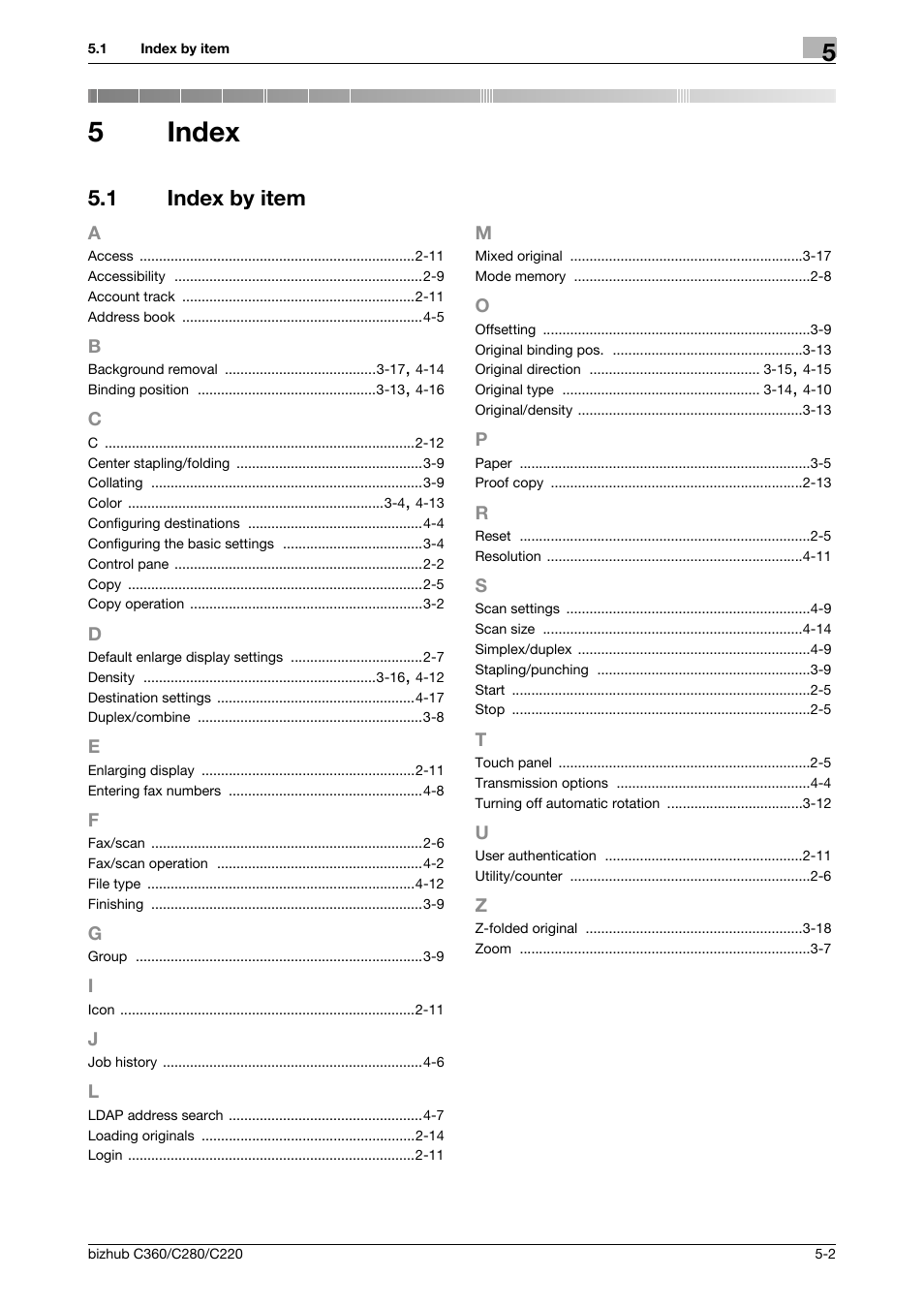 5 index, 1 index by item, A to z | Index, Index by item -2, 5index | Konica Minolta BIZHUB C360 User Manual | Page 60 / 63