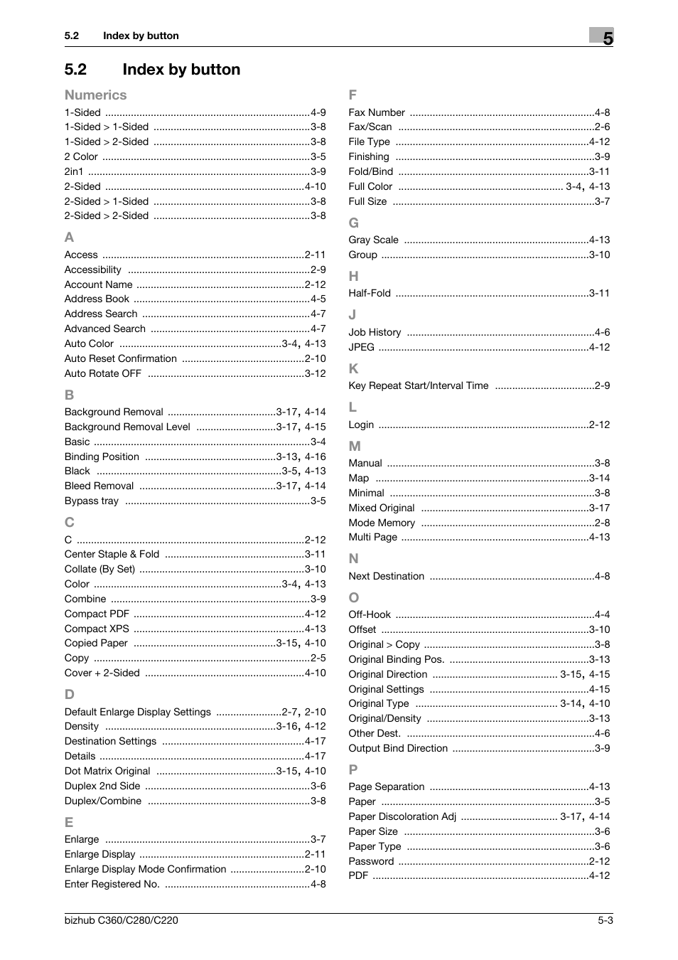 2 index by button, A to p, Index by button -3 | Konica Minolta BIZHUB C360 User Manual | Page 61 / 63