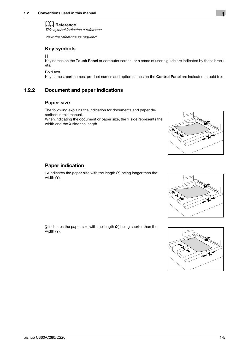 Key symbols, 2 document and paper indications, Paper size | Paper indication, Key symbols -5 | Konica Minolta BIZHUB C360 User Manual | Page 8 / 63