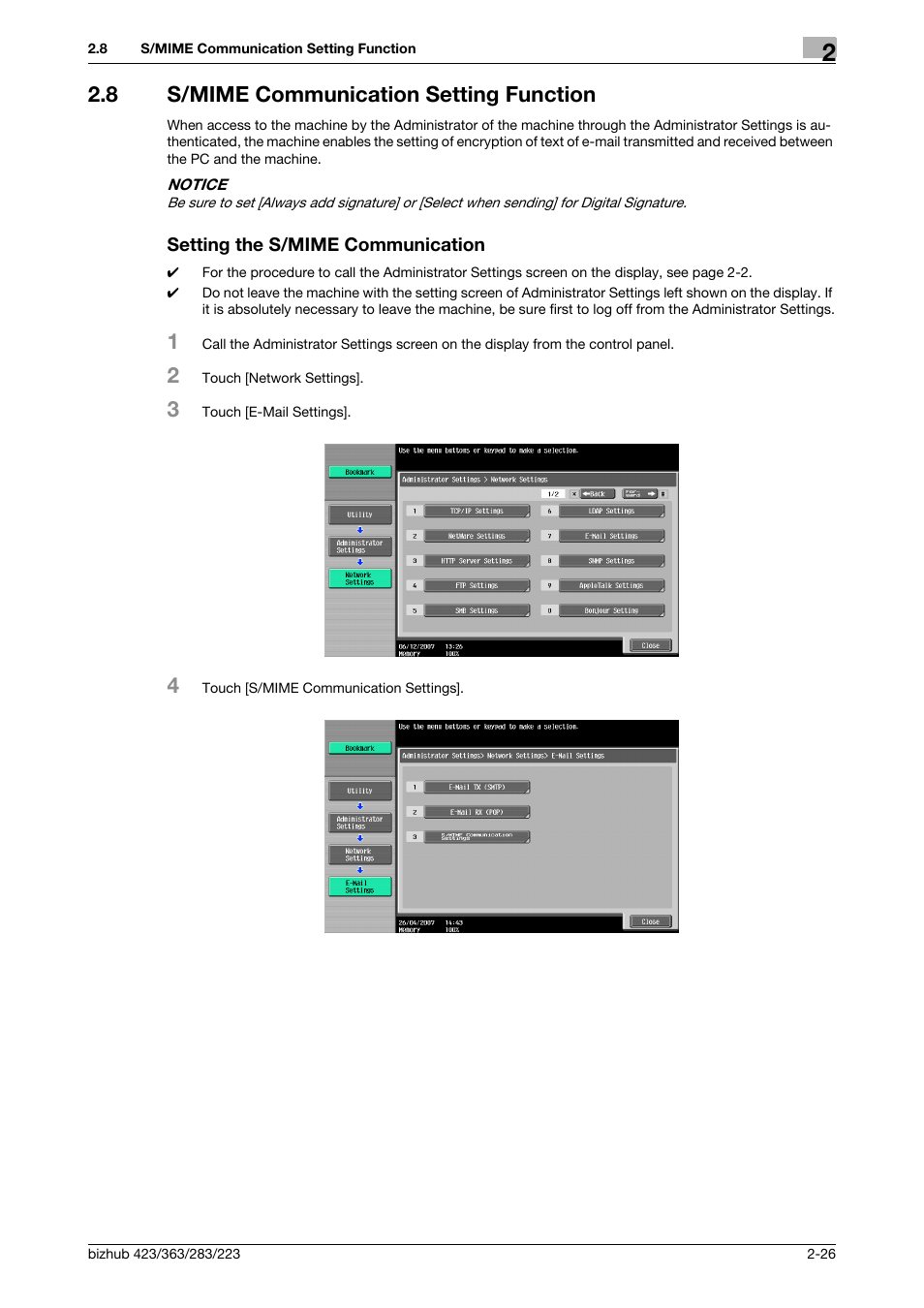 8 s/mime communication setting function, Setting the s/mime communication | Konica Minolta BIZHUB 223 User Manual | Page 38 / 55