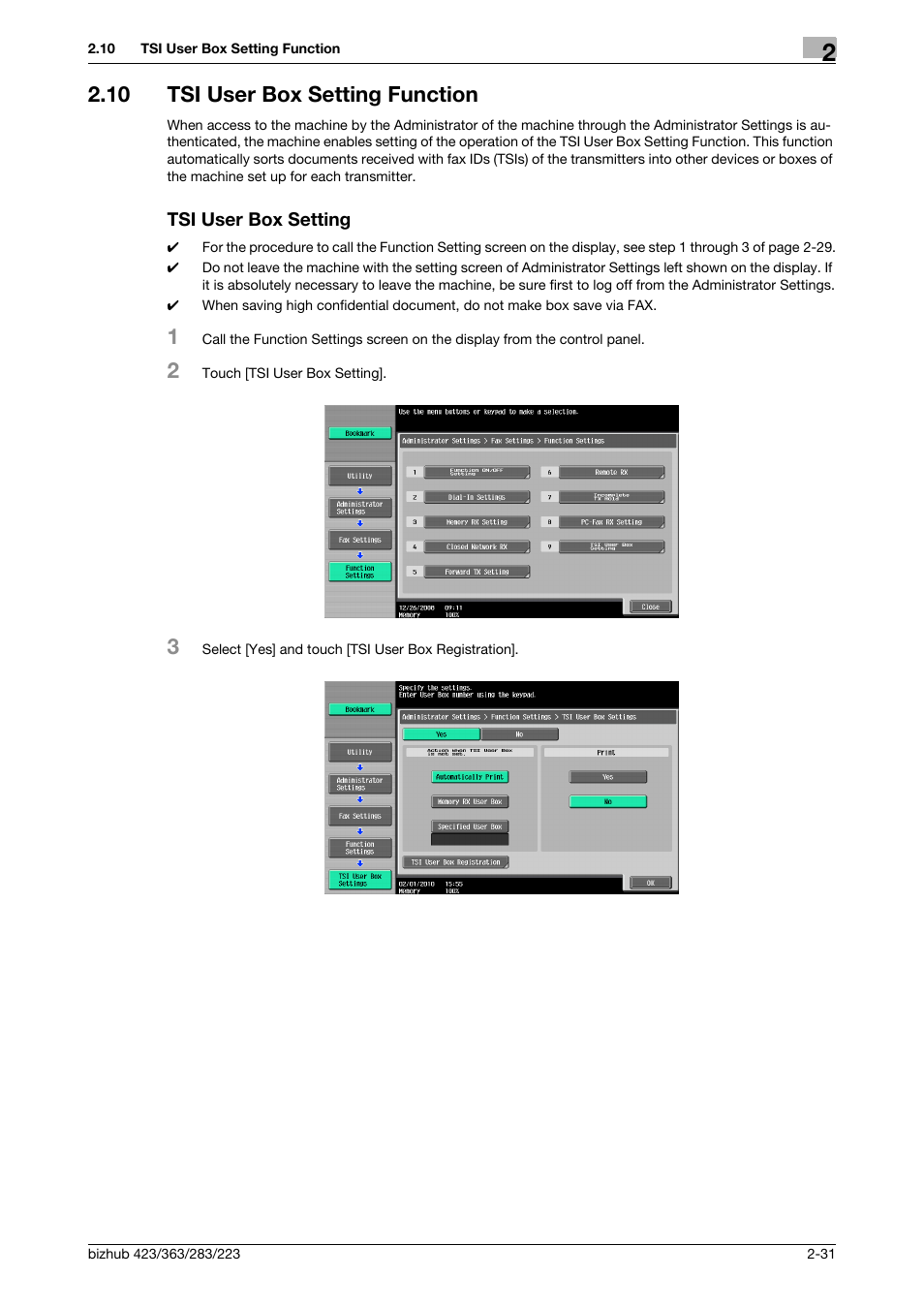 10 tsi user box setting function, Tsi user box setting | Konica Minolta BIZHUB 223 User Manual | Page 43 / 55